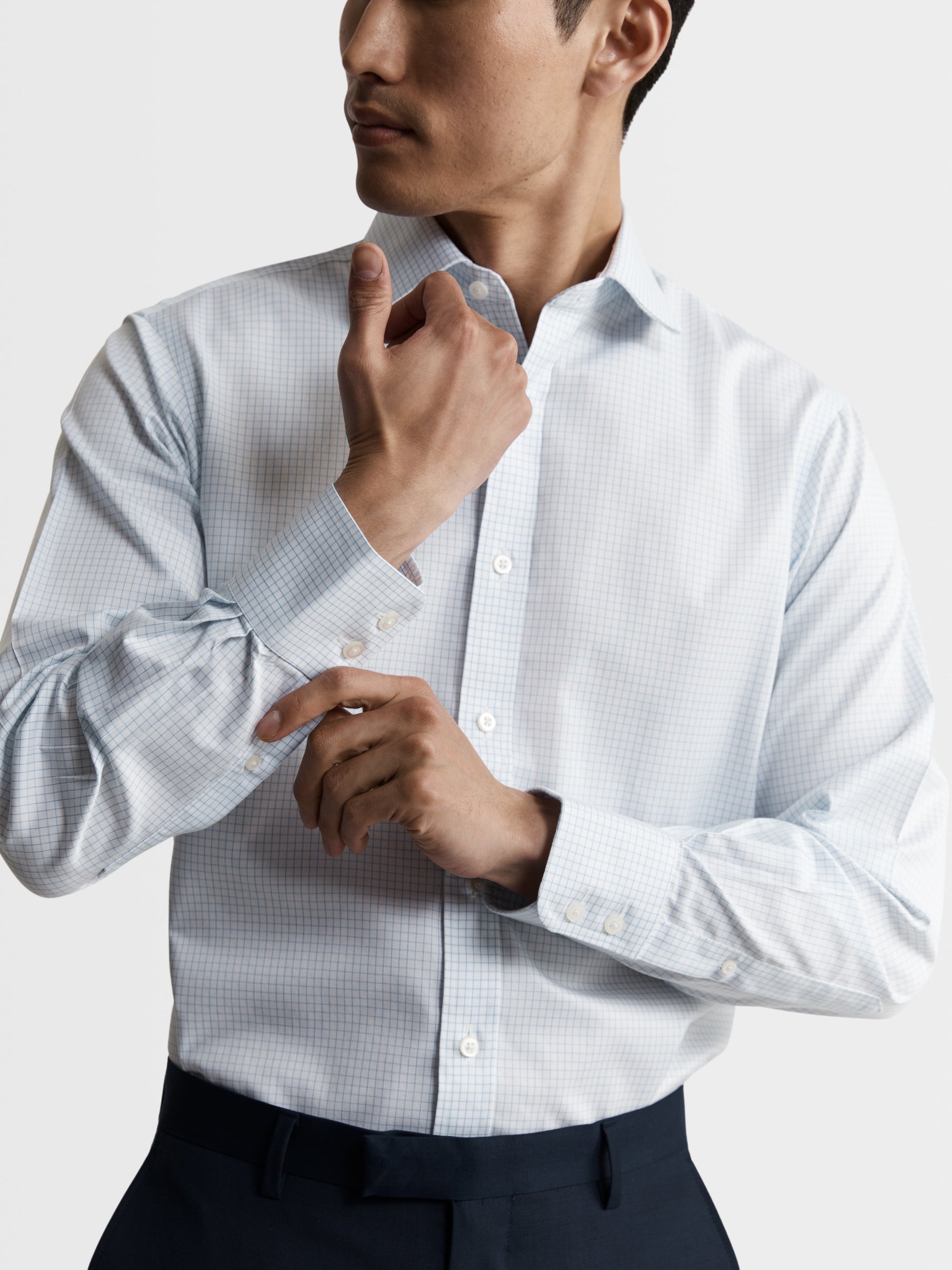 Non-Iron Blue Grid Check Twill Slim Fit Single Cuff Classic Collar Shi ...