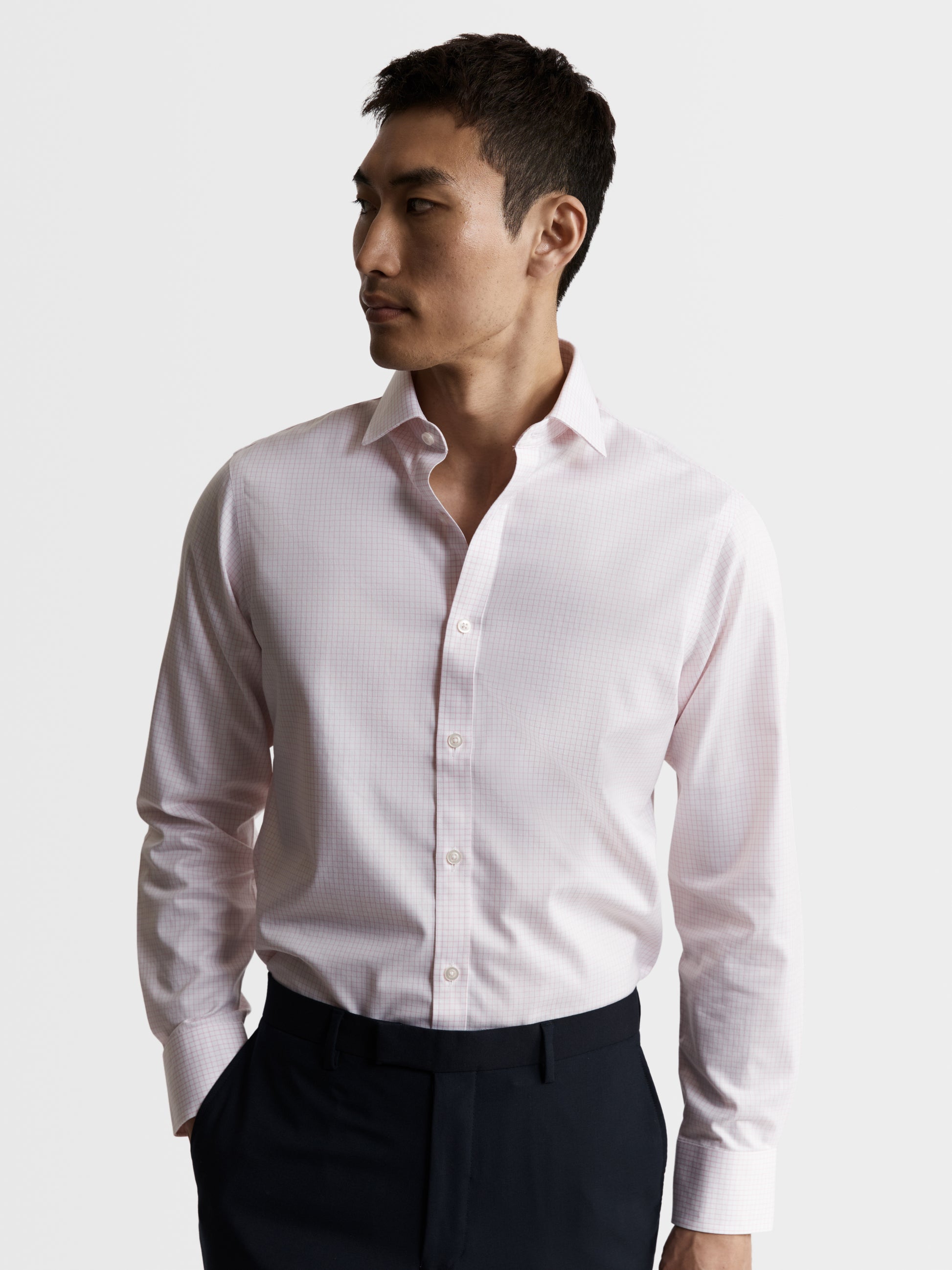 Image 2 of Non-Iron Pink Grid Check Twill Super Fitted Single Cuff Classic Collar Shirt