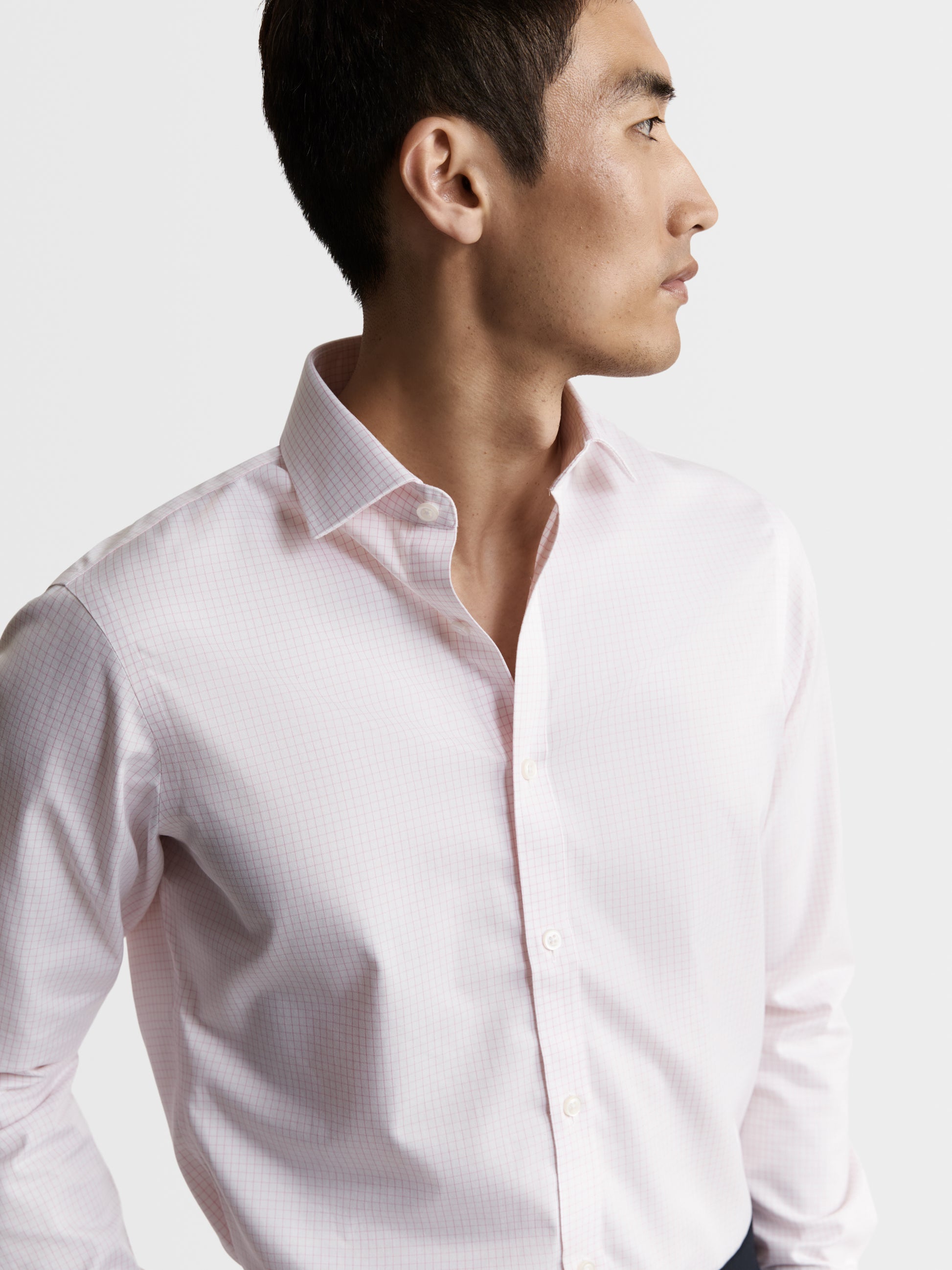 Image 1 of Non-Iron Pink Grid Check Twill Super Fitted Single Cuff Classic Collar Shirt