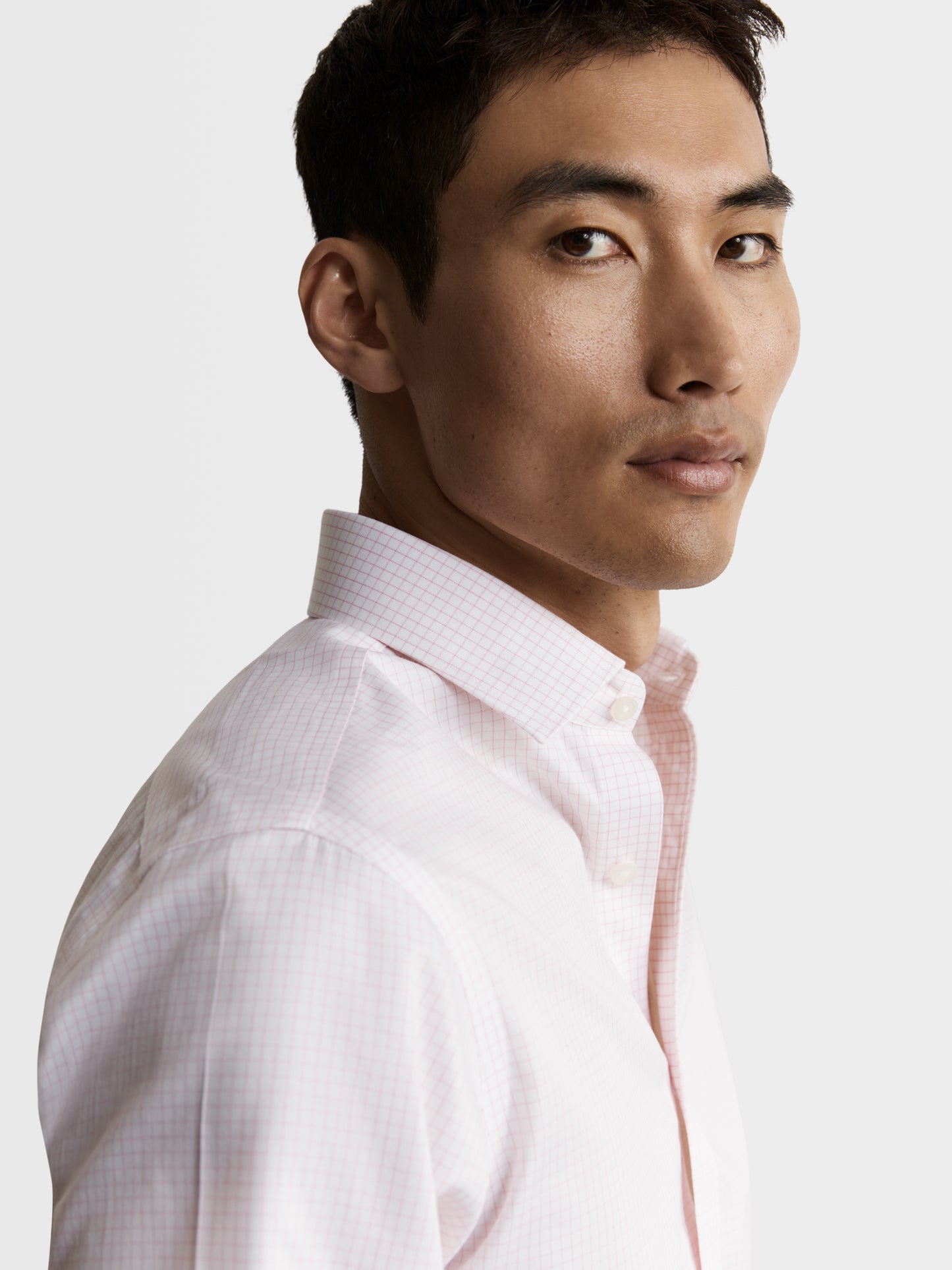 Image 3 of Non-Iron Pink Grid Check Twill Super Fitted Single Cuff Classic Collar Shirt