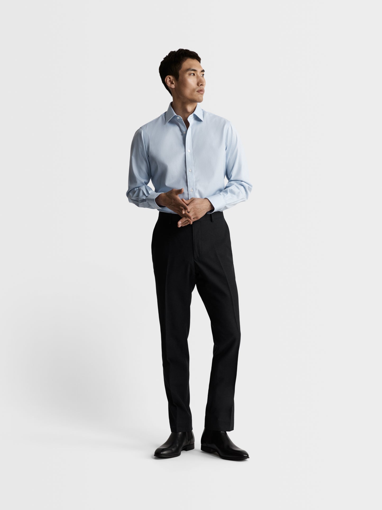 Image 4 of Non-Iron Blue Chalk Stripe Twill Slim Fit Single Cuff Classic Collar Shirt