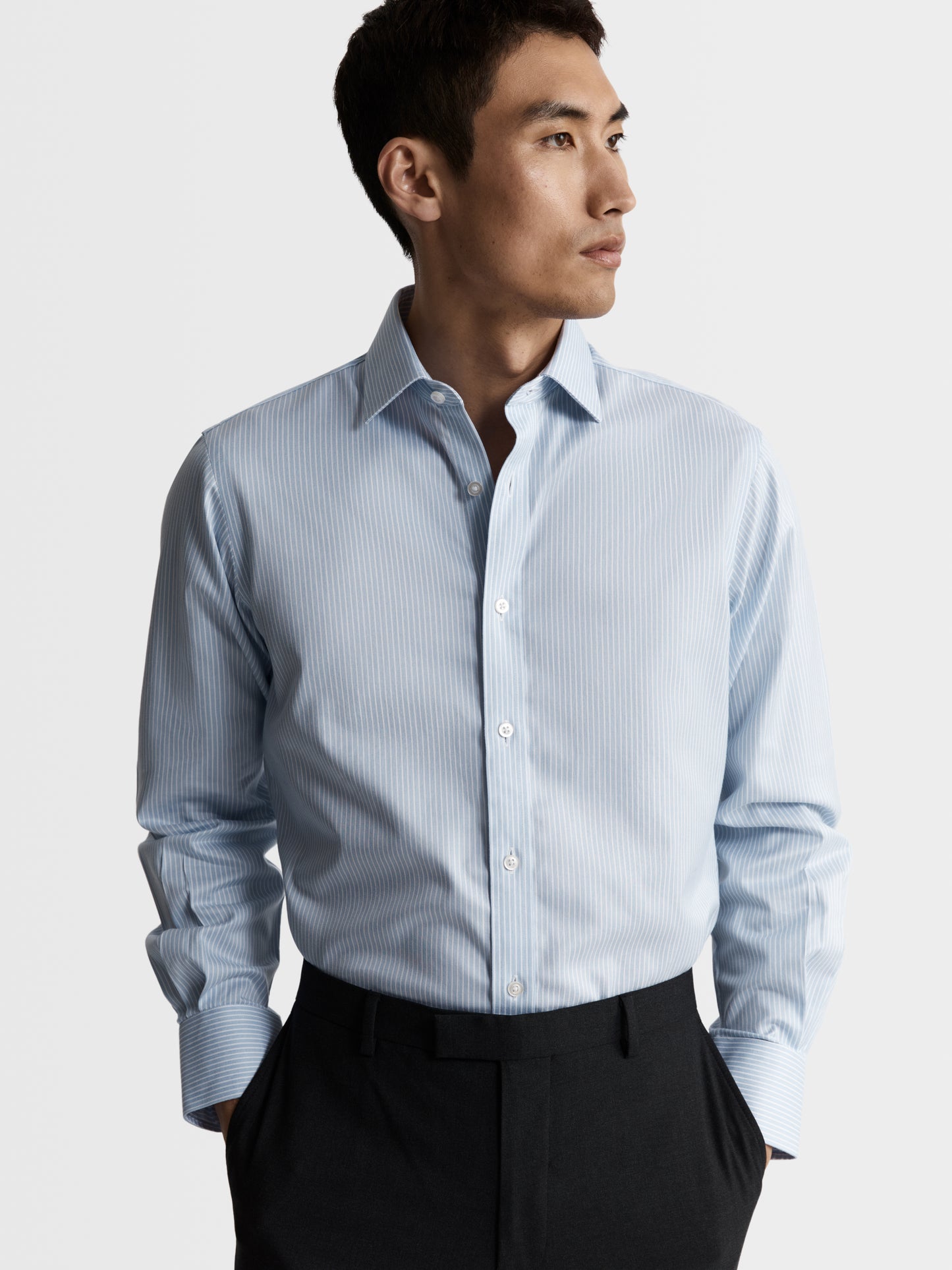 Image 1 of Non-Iron Blue Chalk Stripe Twill Slim Fit Single Cuff Classic Collar Shirt