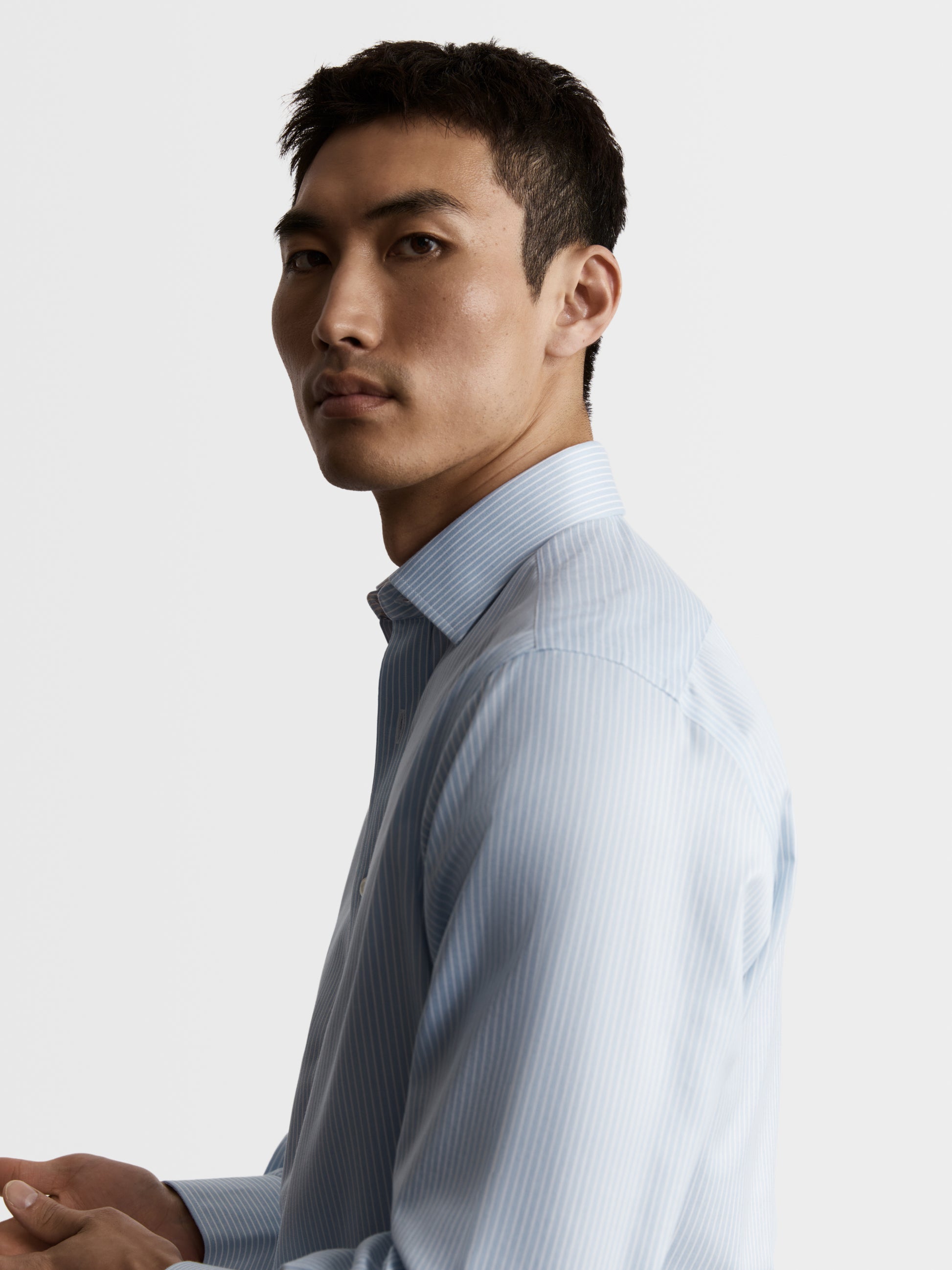 Image 3 of Non-Iron Blue Chalk Stripe Twill Super Fitted Single Cuff Classic Collar Shirt