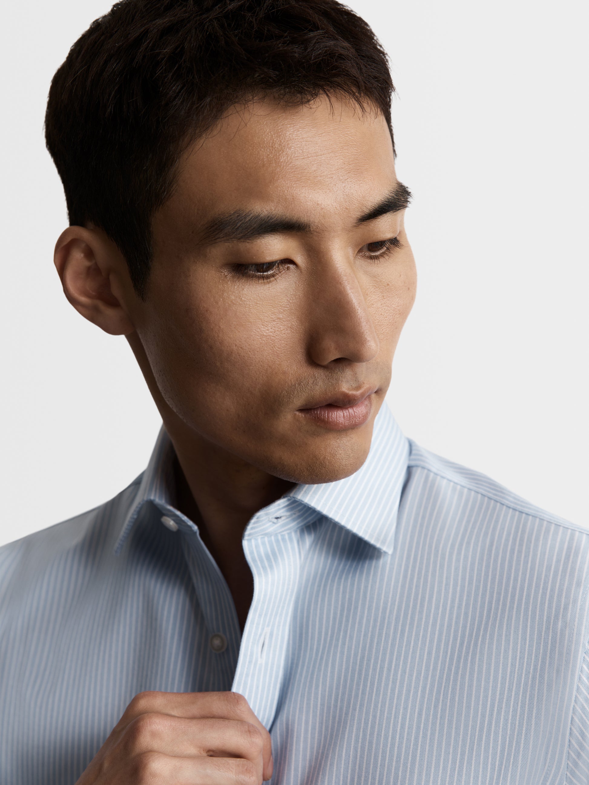 Image 2 of Non-Iron Blue Chalk Stripe Twill Slim Fit Single Cuff Classic Collar Shirt
