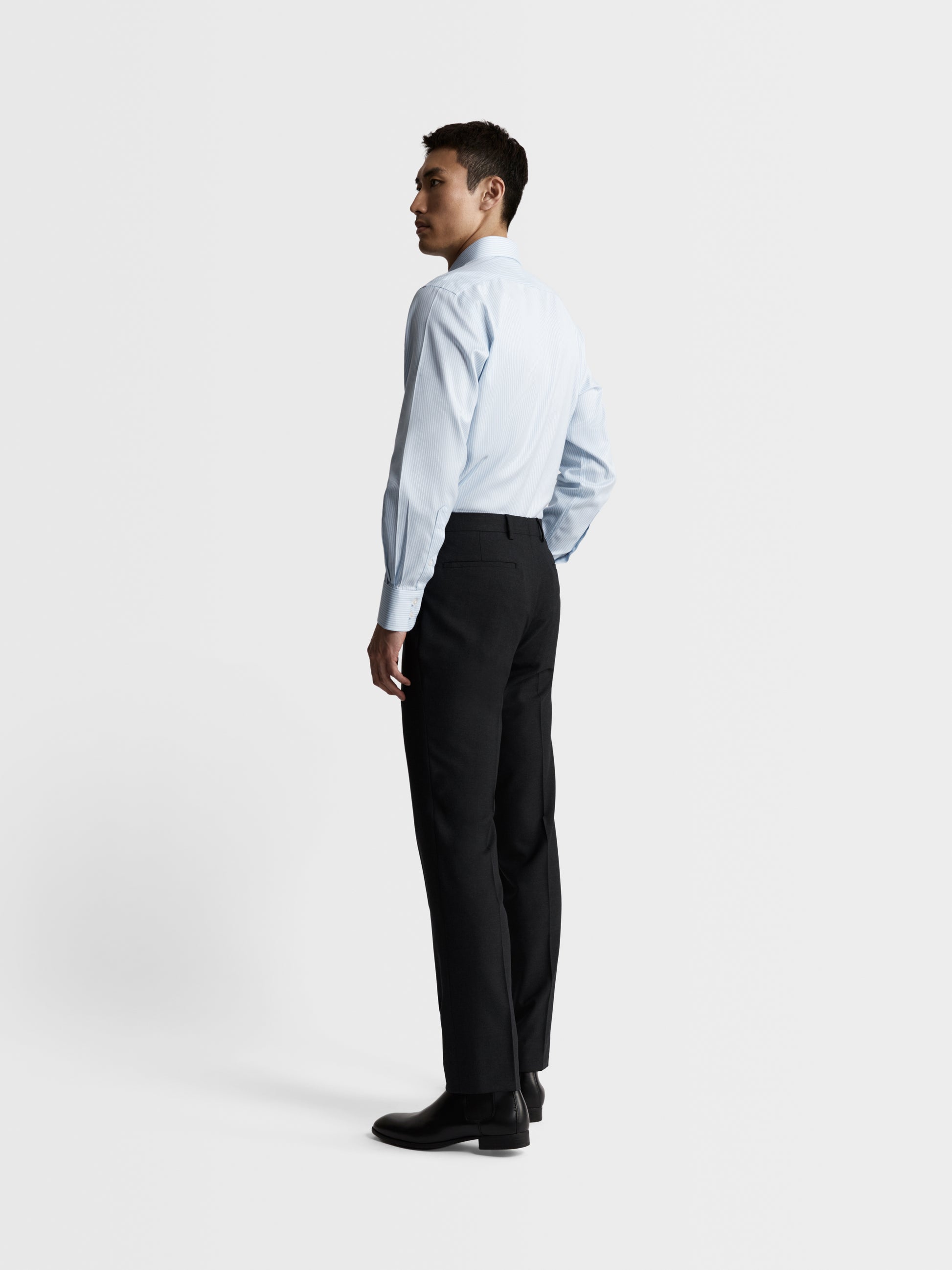 Image 5 of Non-Iron Blue Chalk Stripe Twill Slim Fit Single Cuff Classic Collar Shirt