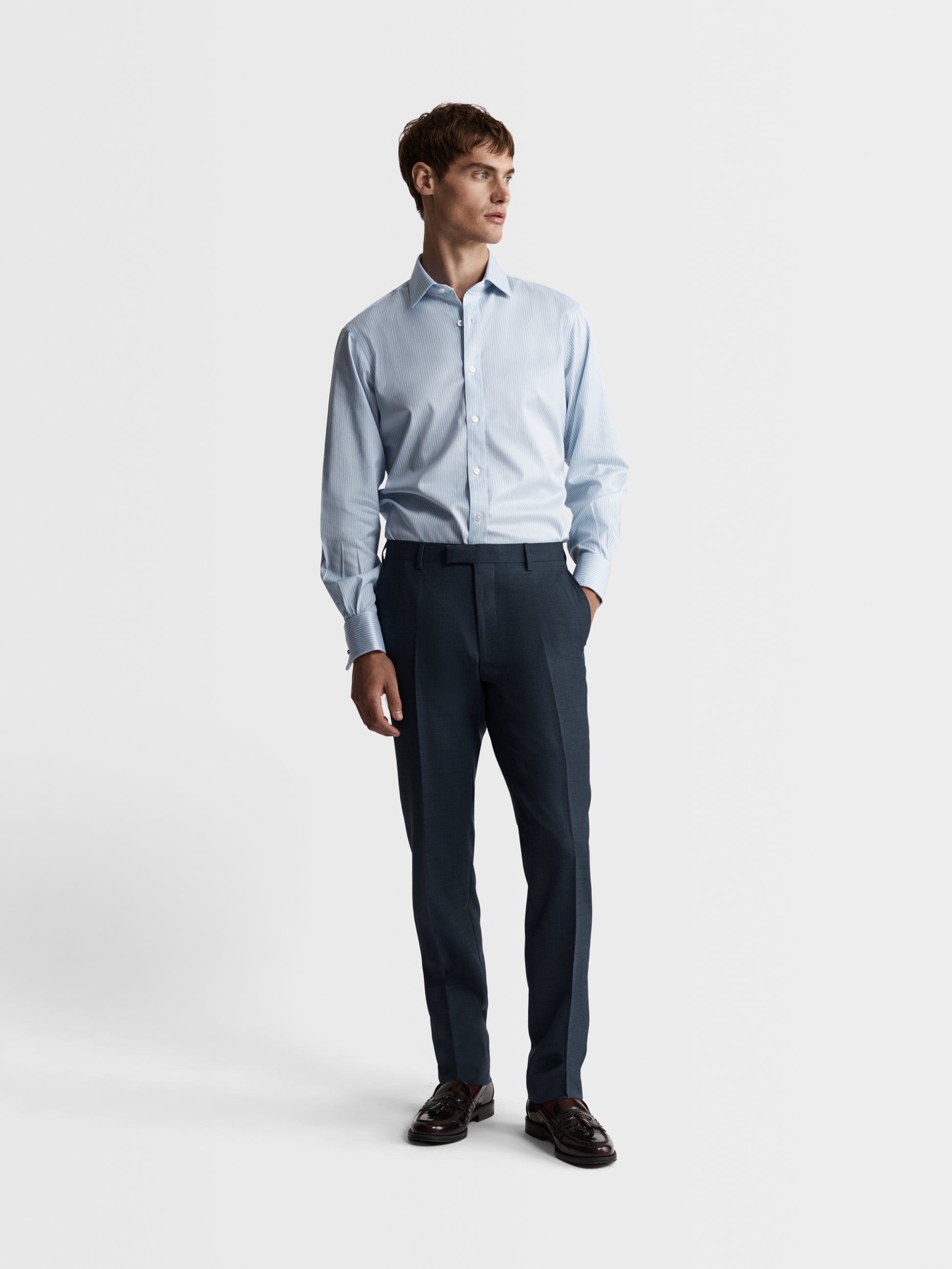 Image 4 of Non-Iron Blue Chalk Stripe Twill Slim Fit Dual Cuff Classic Collar Shirt