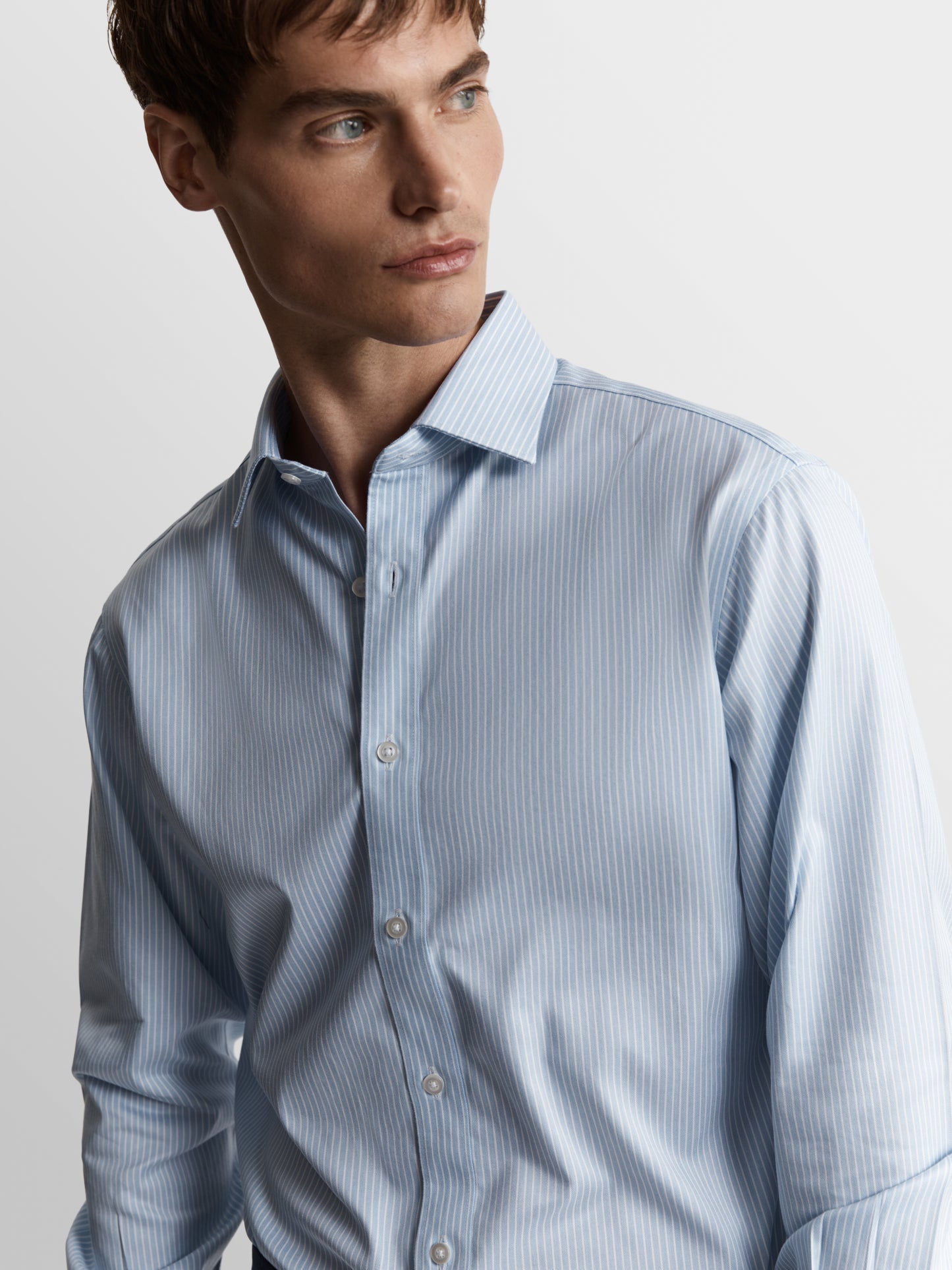Image 1 of Non-Iron Blue Chalk Stripe Twill Fitted Dual Cuff Classic Collar Shirt
