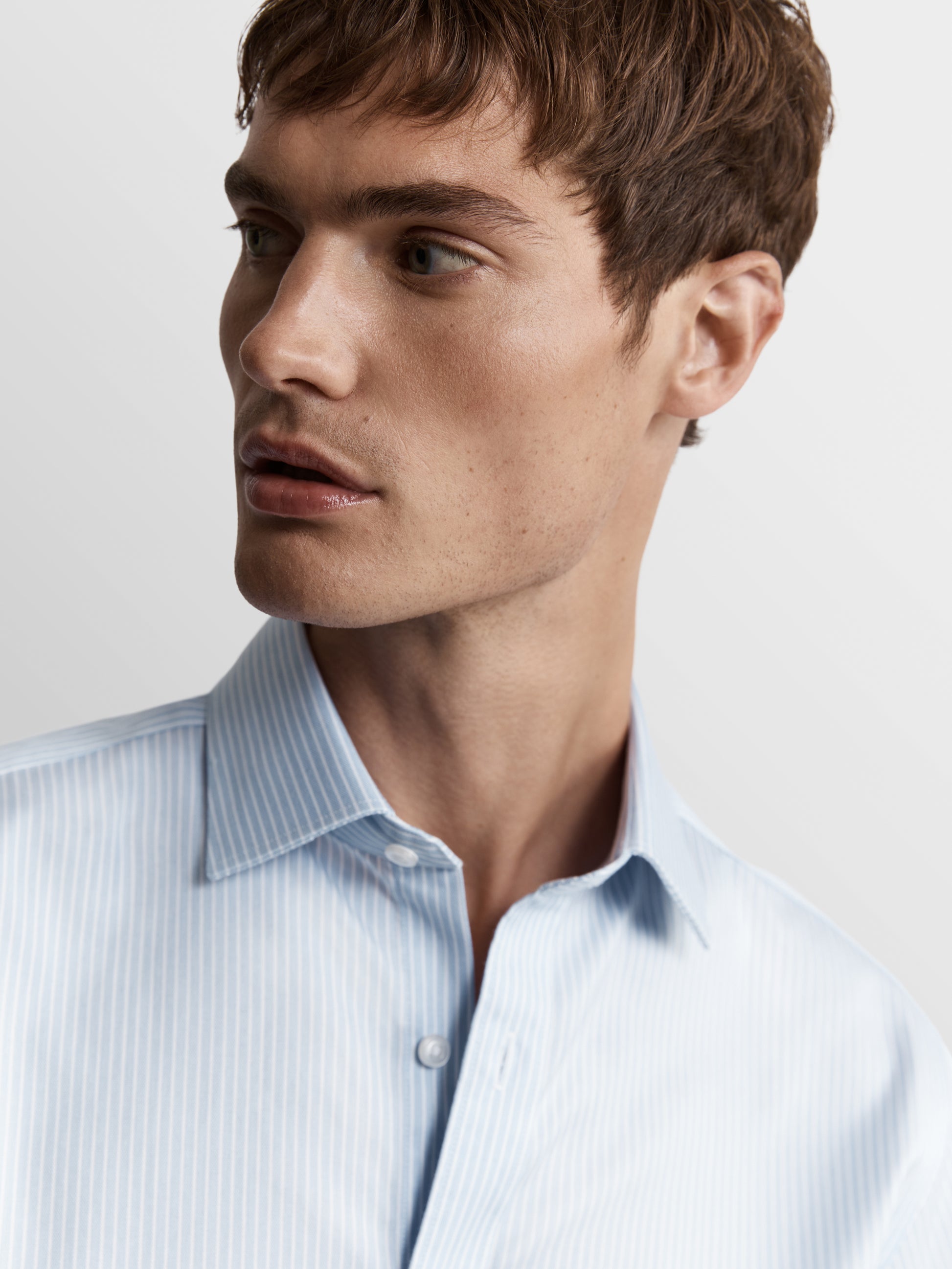 Image 2 of Non-Iron Blue Chalk Stripe Twill Slim Fit Dual Cuff Classic Collar Shirt