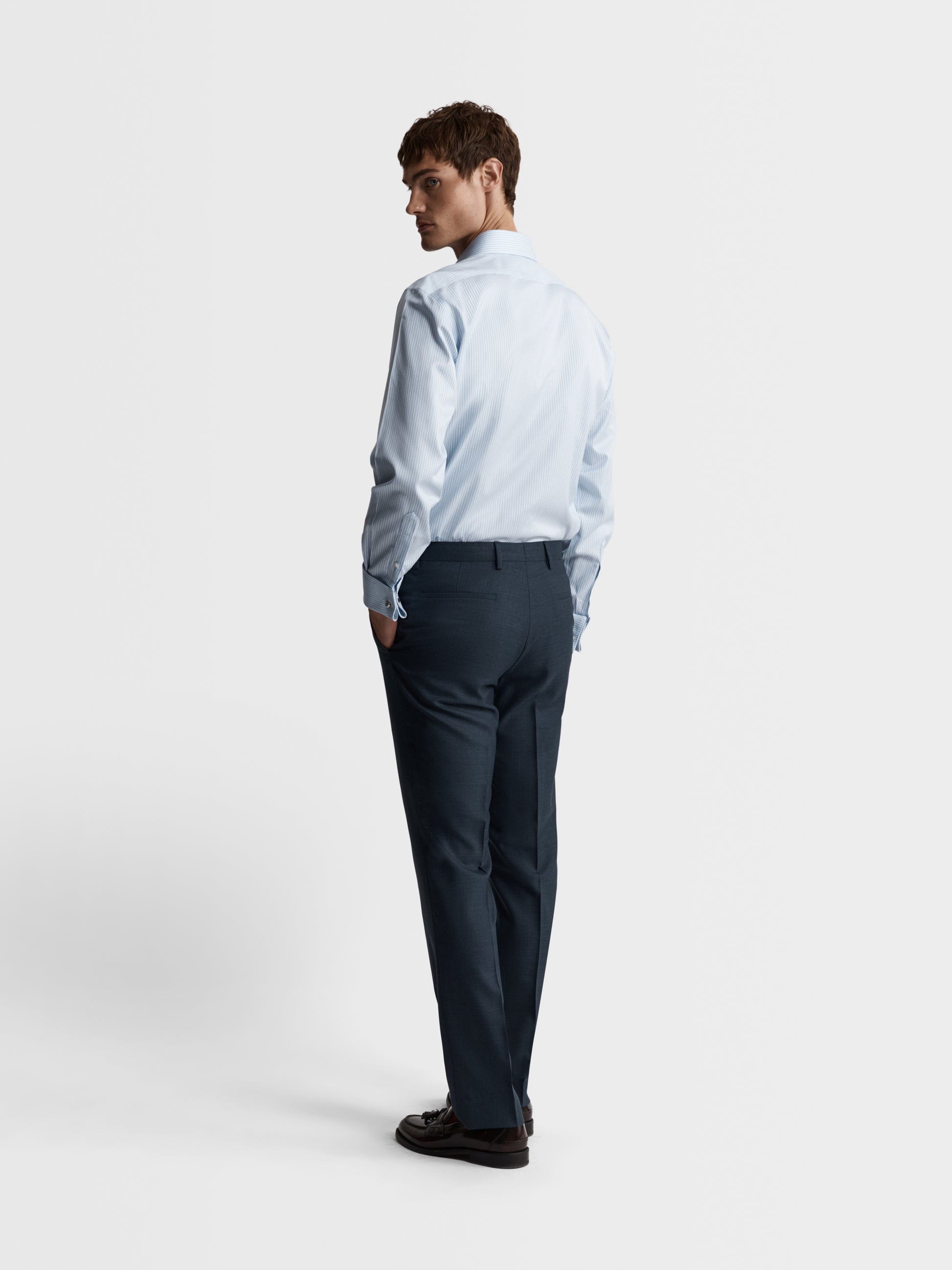 Image 5 of Non-Iron Blue Chalk Stripe Twill Slim Fit Dual Cuff Classic Collar Shirt