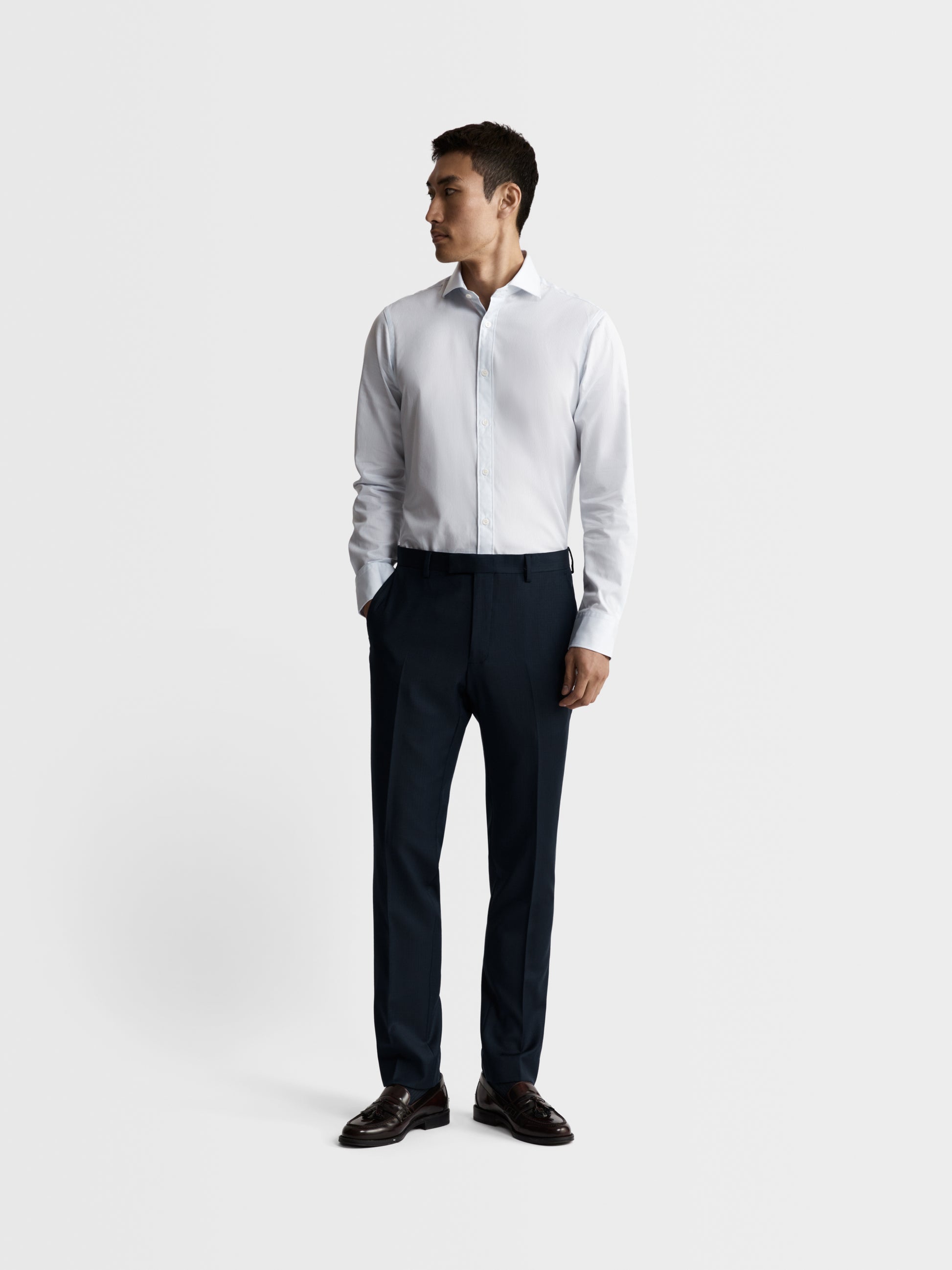 Image 4 of Blue Dash Pinstripe Plain Weave Slim Fit Single Cuff Cutaway Collar Shirt