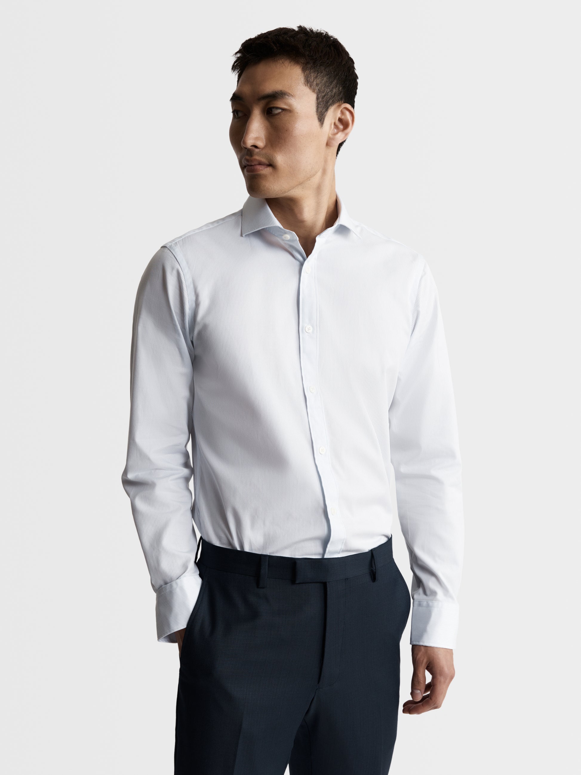 Image 1 of Blue Dash Pinstripe Plain Weave Fitted Single Cuff Cutaway Collar Shirt