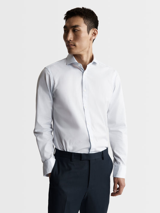 Image 1 of Blue Dash Pinstripe Plain Weave Slim Fit Single Cuff Cutaway Collar Shirt