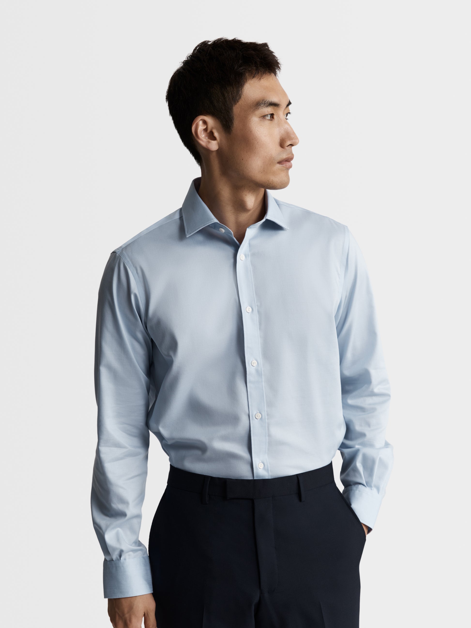 Image 1 of Max Performance Light Blue Twill Fitted Single Cuff Classic Collar Shirt