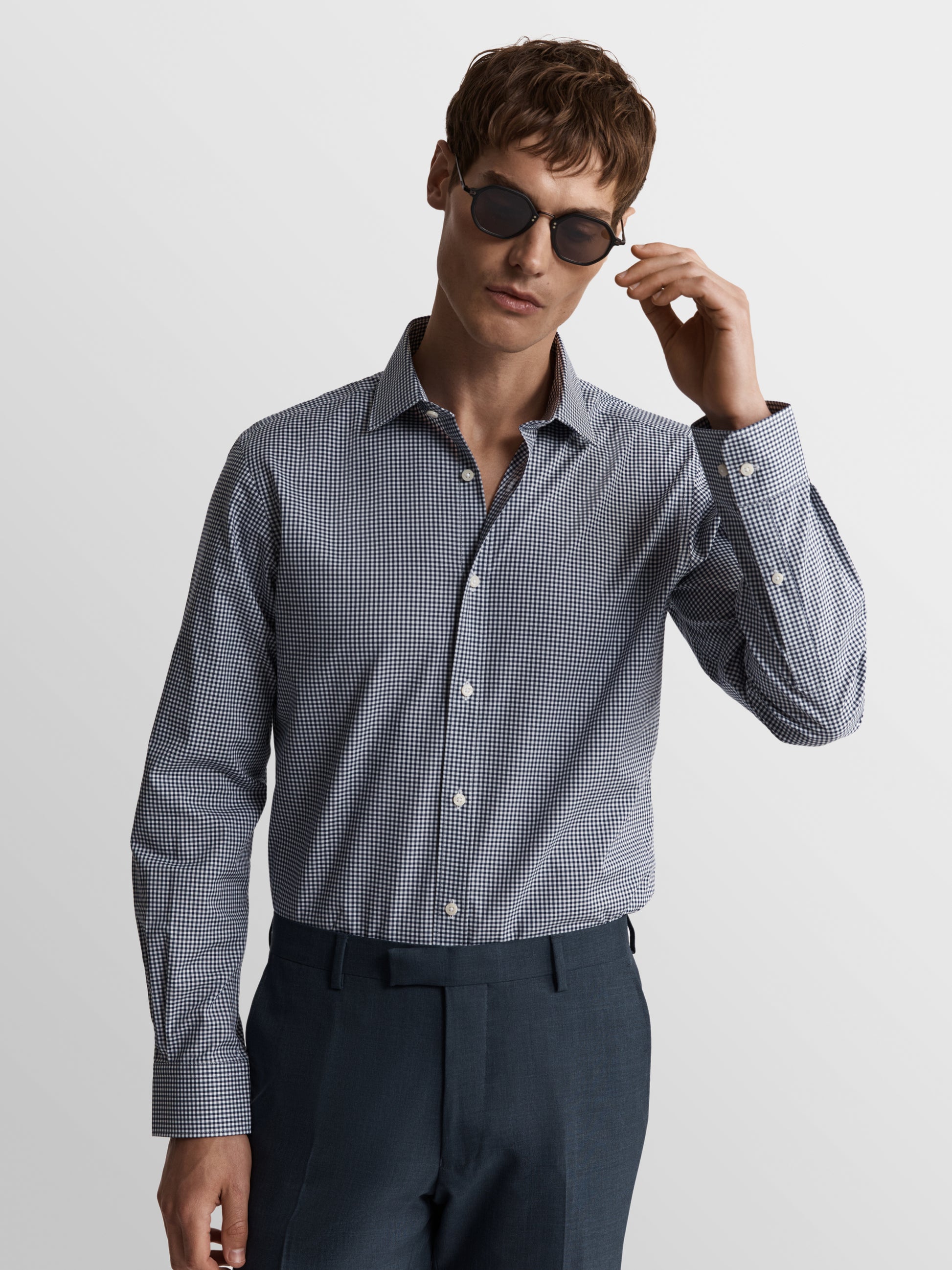 Image 1 of Max Performance Navy Blue Small Gingham Plain Weave Slim Fit Single Cuff Classic Collar Shirt