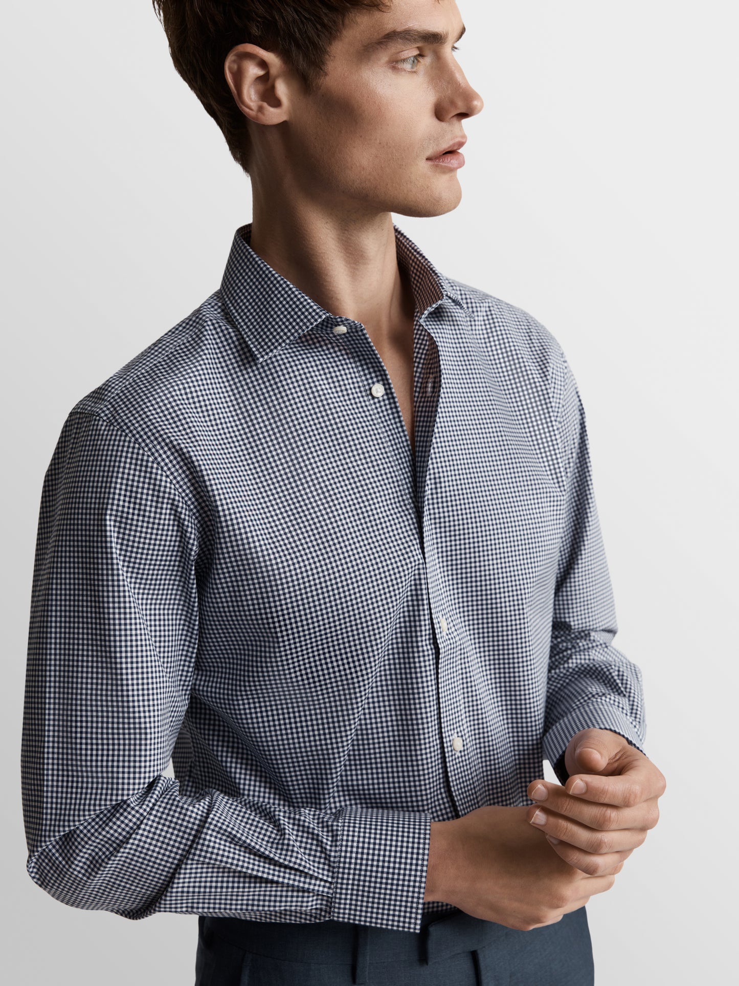 Image 2 of Max Performance Navy Blue Small Gingham Plain Weave Fitted Single Cuff Classic Collar Shirt