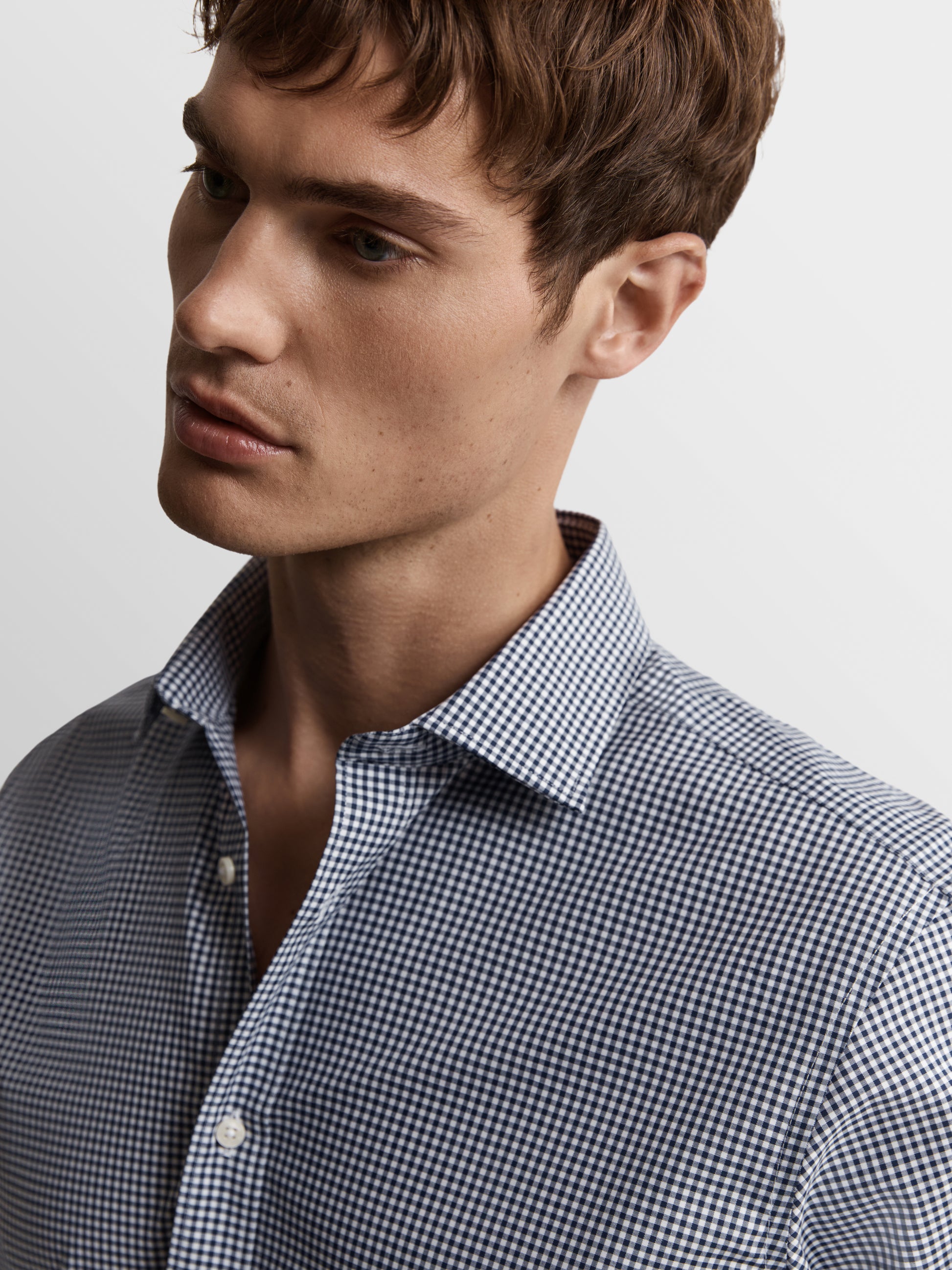 Image 3 of Max Performance Navy Blue Small Gingham Plain Weave Regular Fit Single Cuff Classic Collar Shirt