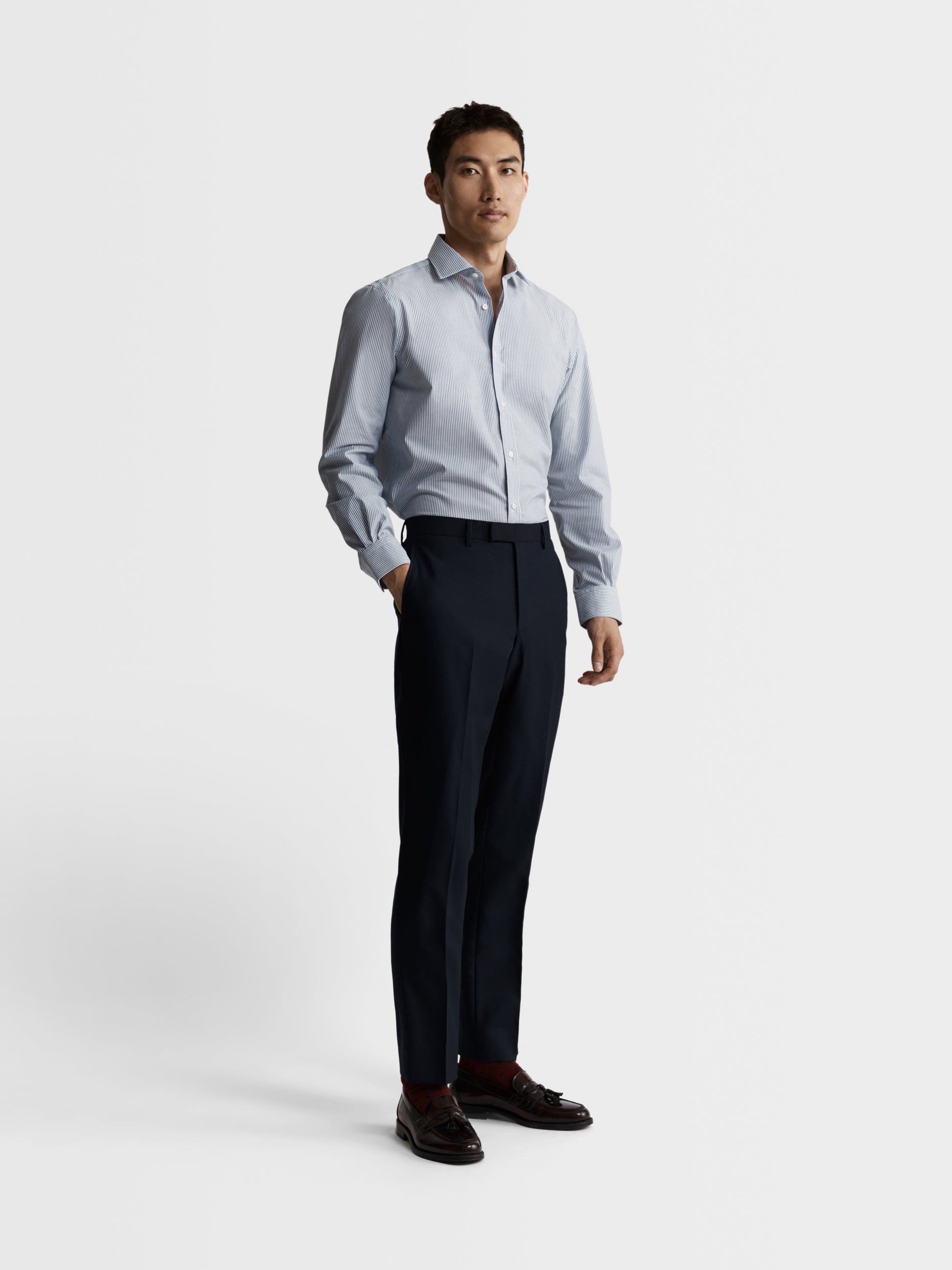 Image 3 of Max Performance Navy Blue Bengal Stripe Plain Weave Slim Fit Single Cuff Classic Collar Shirt