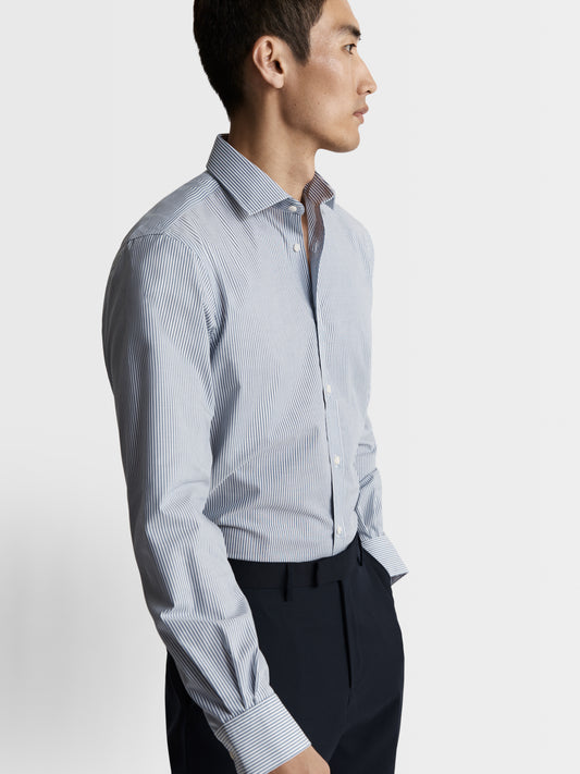 Image 1 of Max Performance Navy Blue Bengal Stripe Plain Weave Slim Fit Single Cuff Classic Collar Shirt