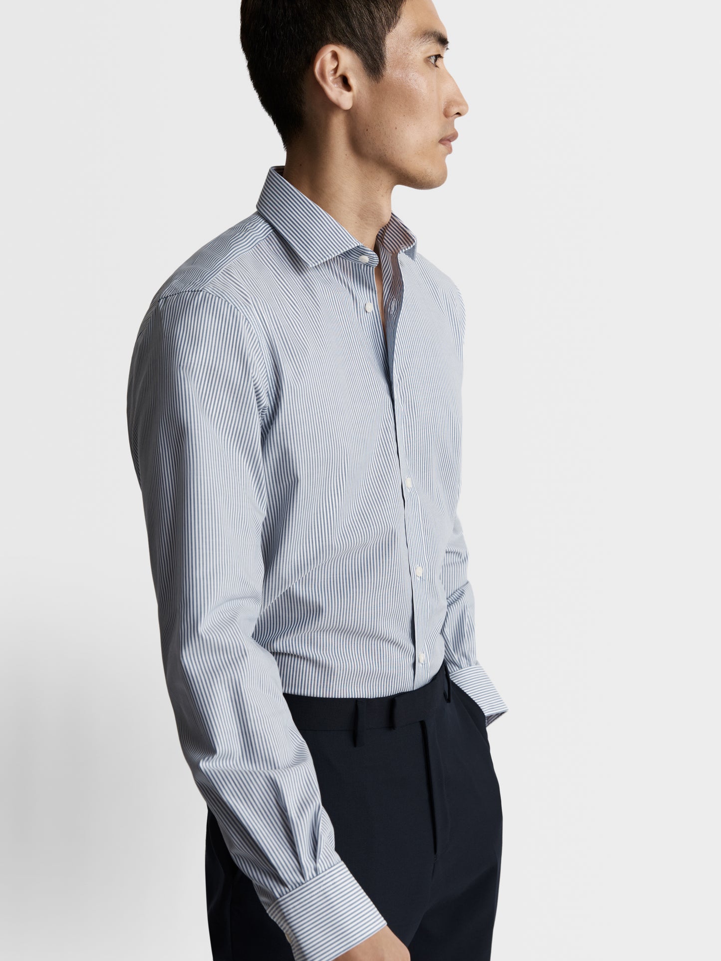 Image 1 of Max Performance Navy Blue Bengal Stripe Plain Weave Fitted Single Cuff Classic Collar Shirt