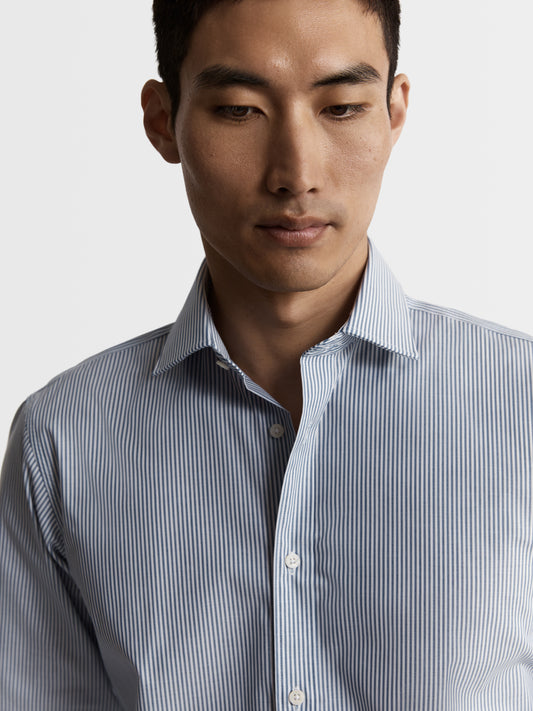 Image 2 of Max Performance Navy Blue Bengal Stripe Plain Weave Fitted Single Cuff Classic Collar Shirt