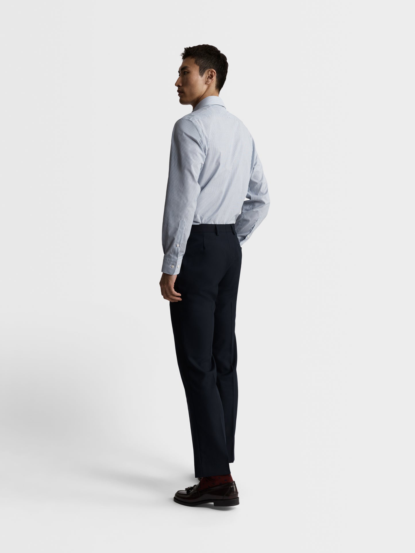 Image 4 of Max Performance Navy Blue Bengal Stripe Plain Weave Fitted Single Cuff Classic Collar Shirt