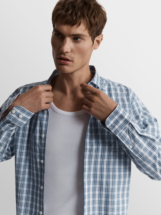 Image 1 of Slim Fit Blue and White Oxford Check Shirt