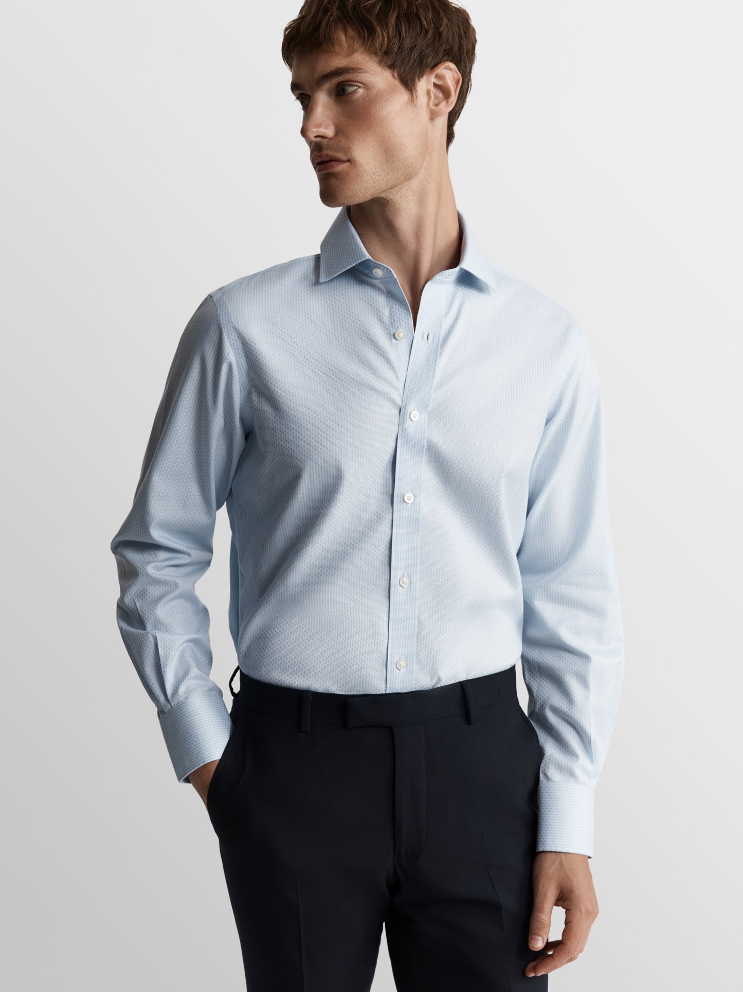 Image 1 of Non-Iron Blue Brick Geometric Dobby Fitted Single Cuff Classic Collar Shirt