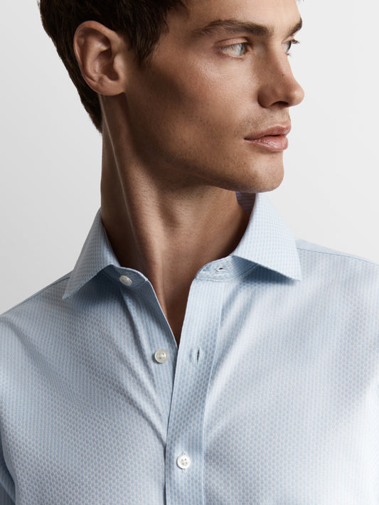 Image 2 of Non-Iron Blue Brick Geometric Dobby Fitted Single Cuff Classic Collar Shirt