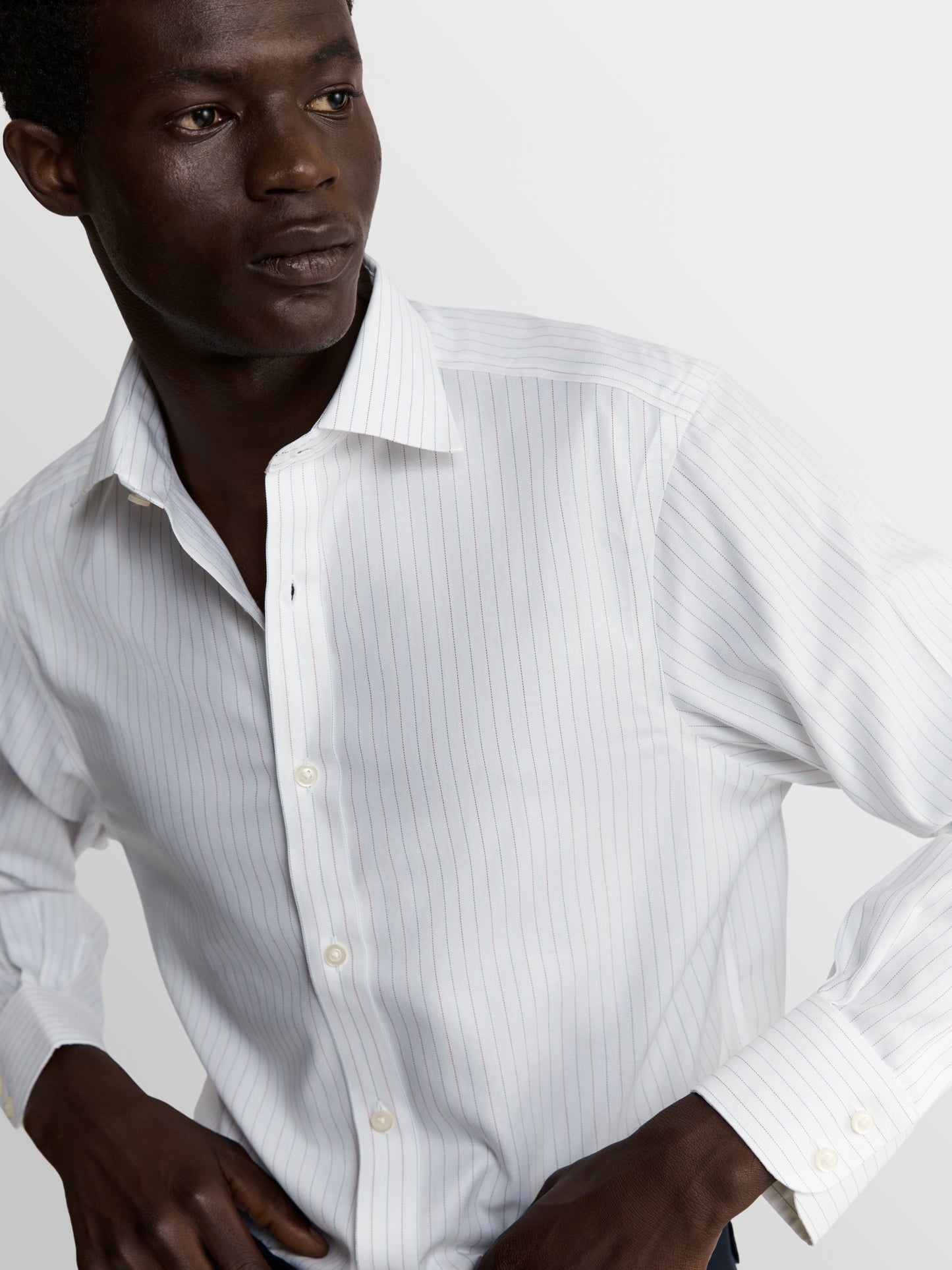 Non-Iron Navy & Red Fine Stripe Herringbone Slim Fit Single Cuff Classic Collar Shirt