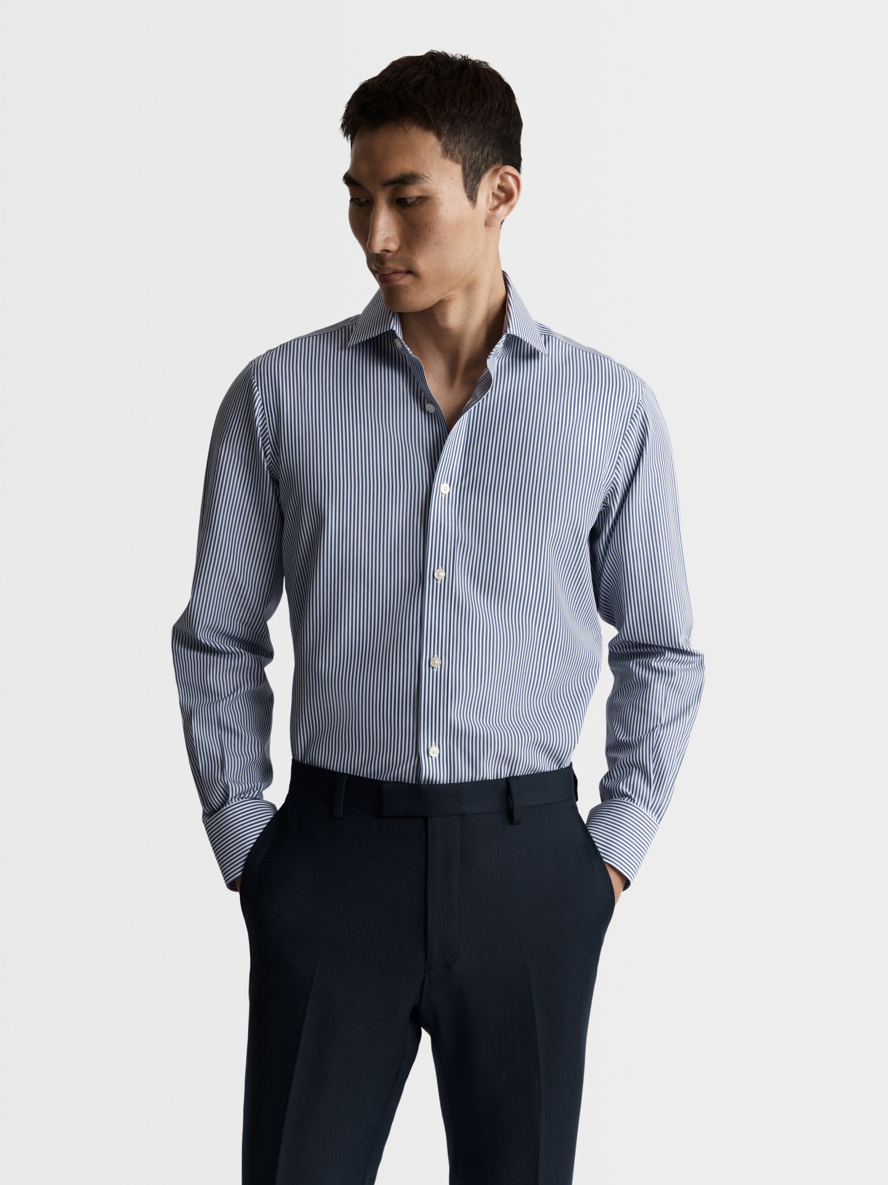 Non-Iron Navy Blue Wide Stripe Poplin Fitted Single Cuff Classic Colla ...