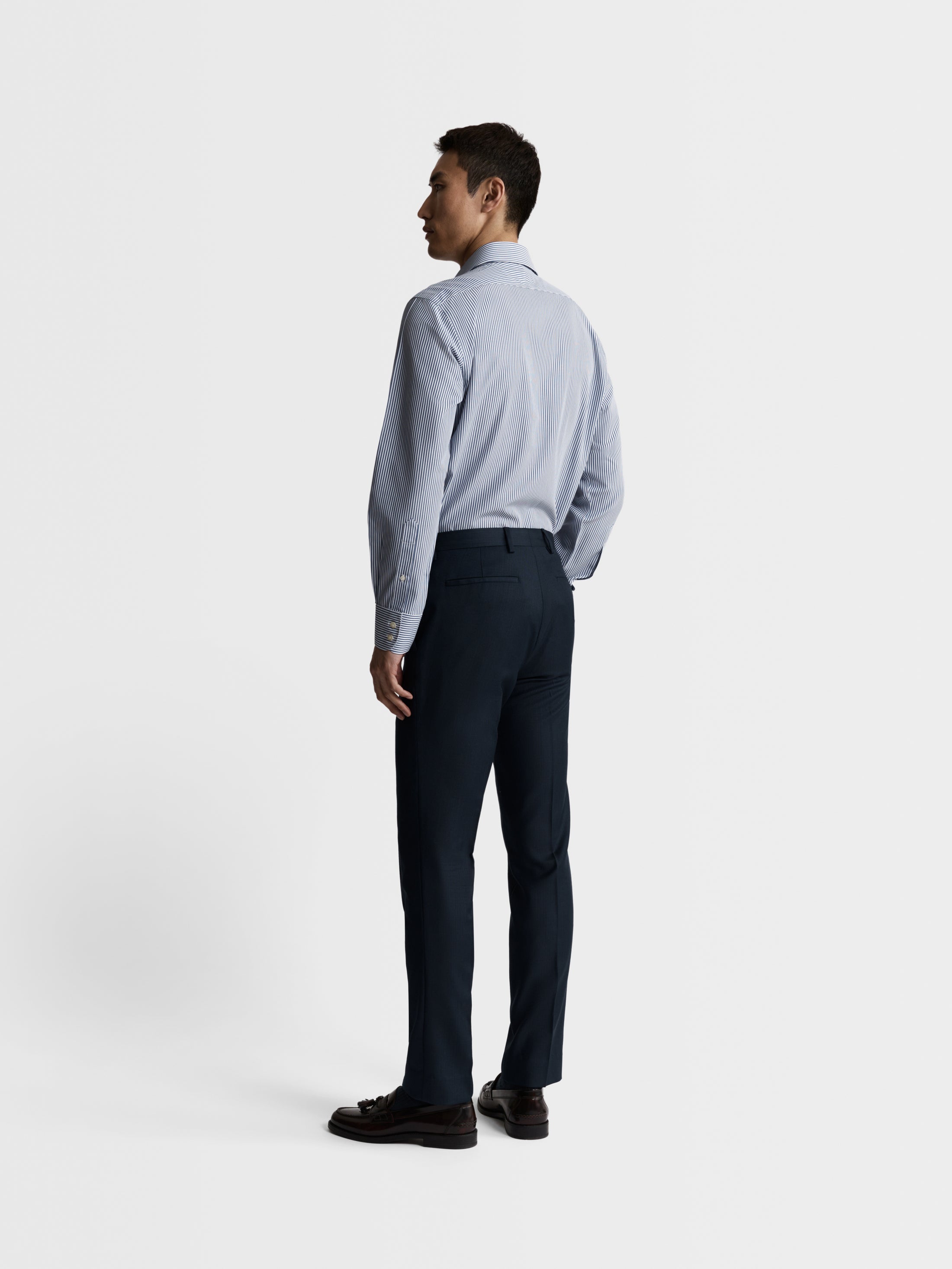 Non-Iron Navy Blue Wide Stripe Poplin Fitted Single Cuff Classic Colla ...