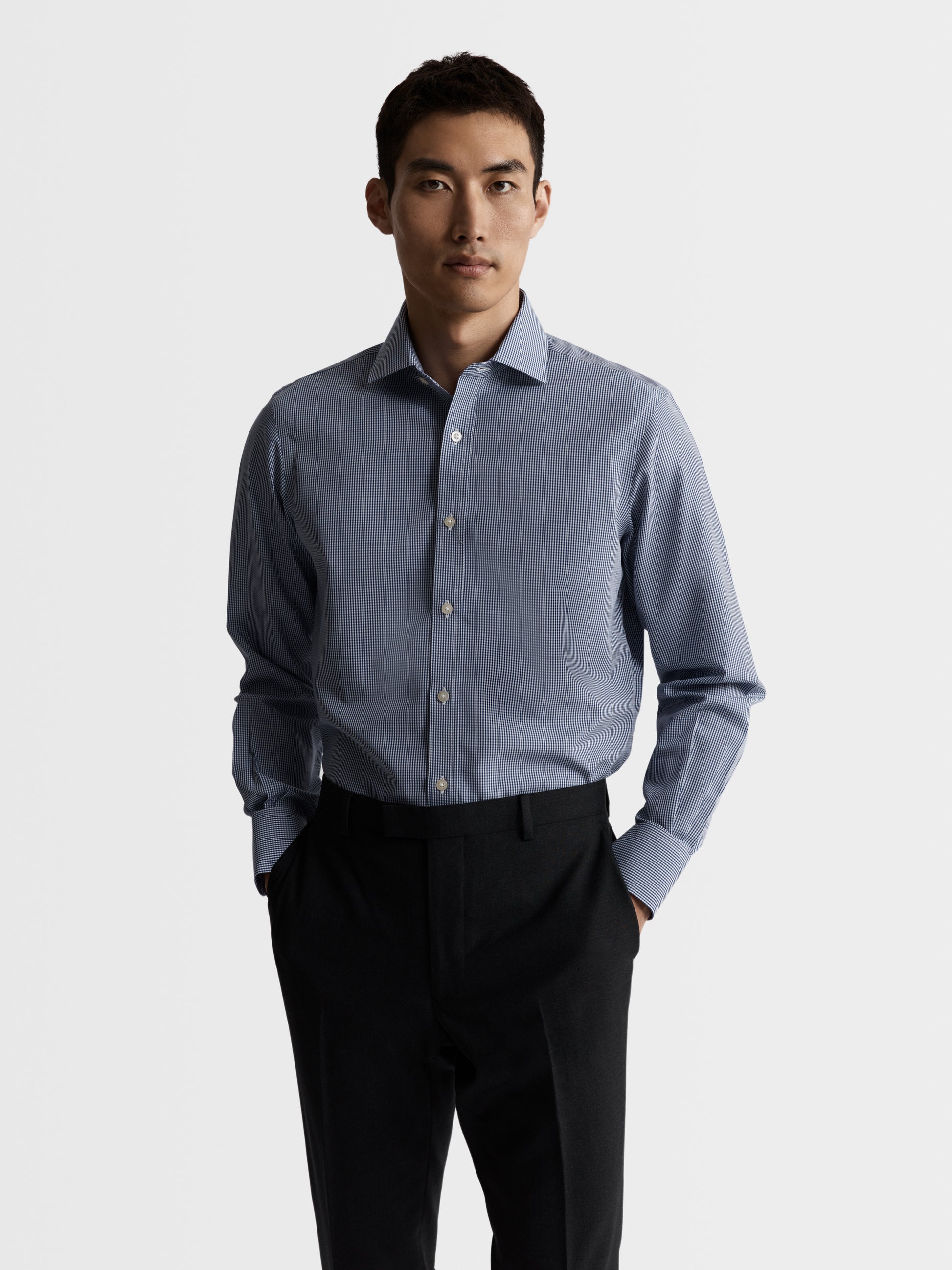 Image 1 of Non-Iron Navy Blue Mini Gingham Poplin Fitted Single Cuff Classic Collar Shirt