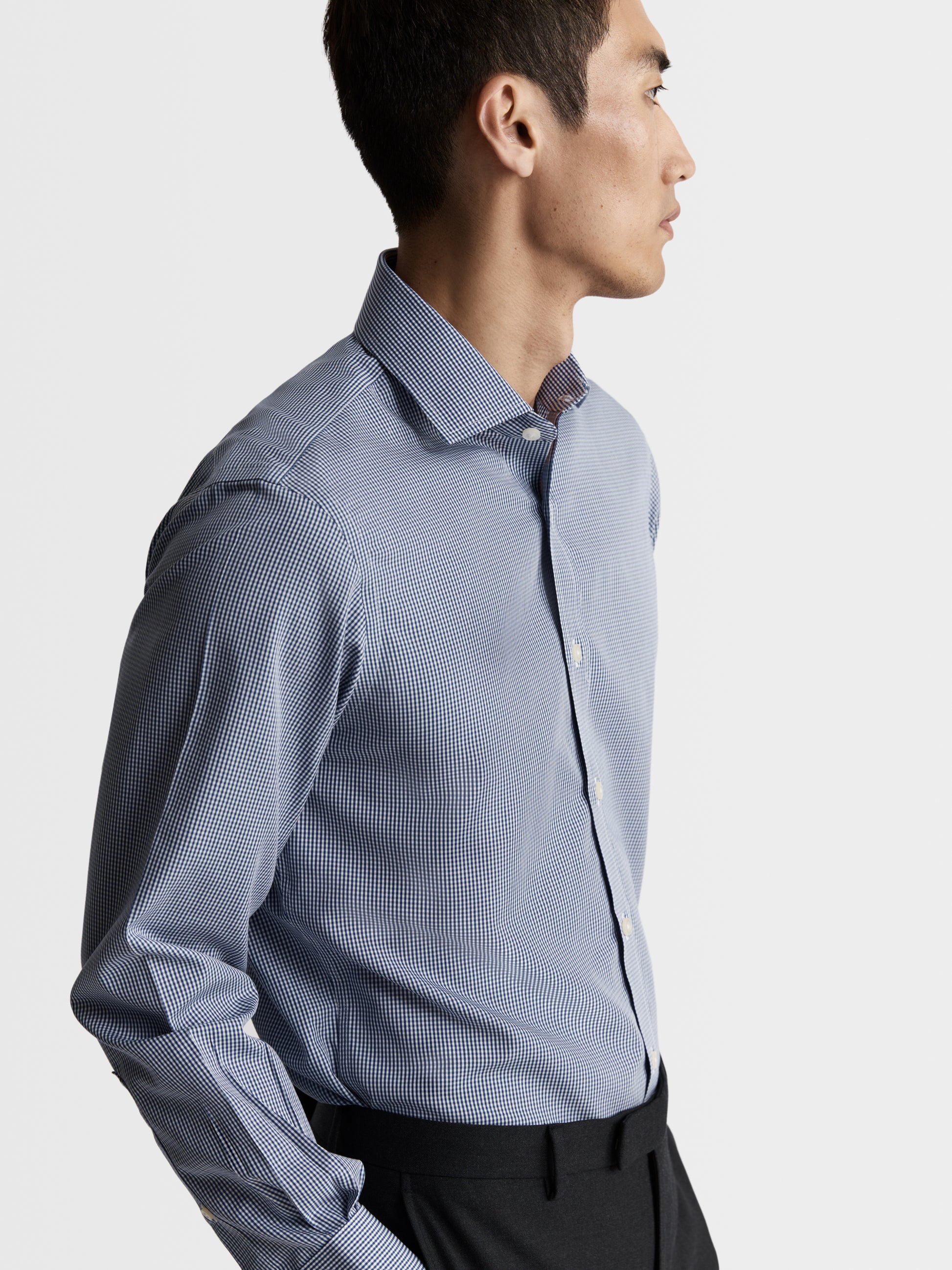 Image 2 of Non-Iron Navy Blue Mini Gingham Poplin Fitted Single Cuff Classic Collar Shirt