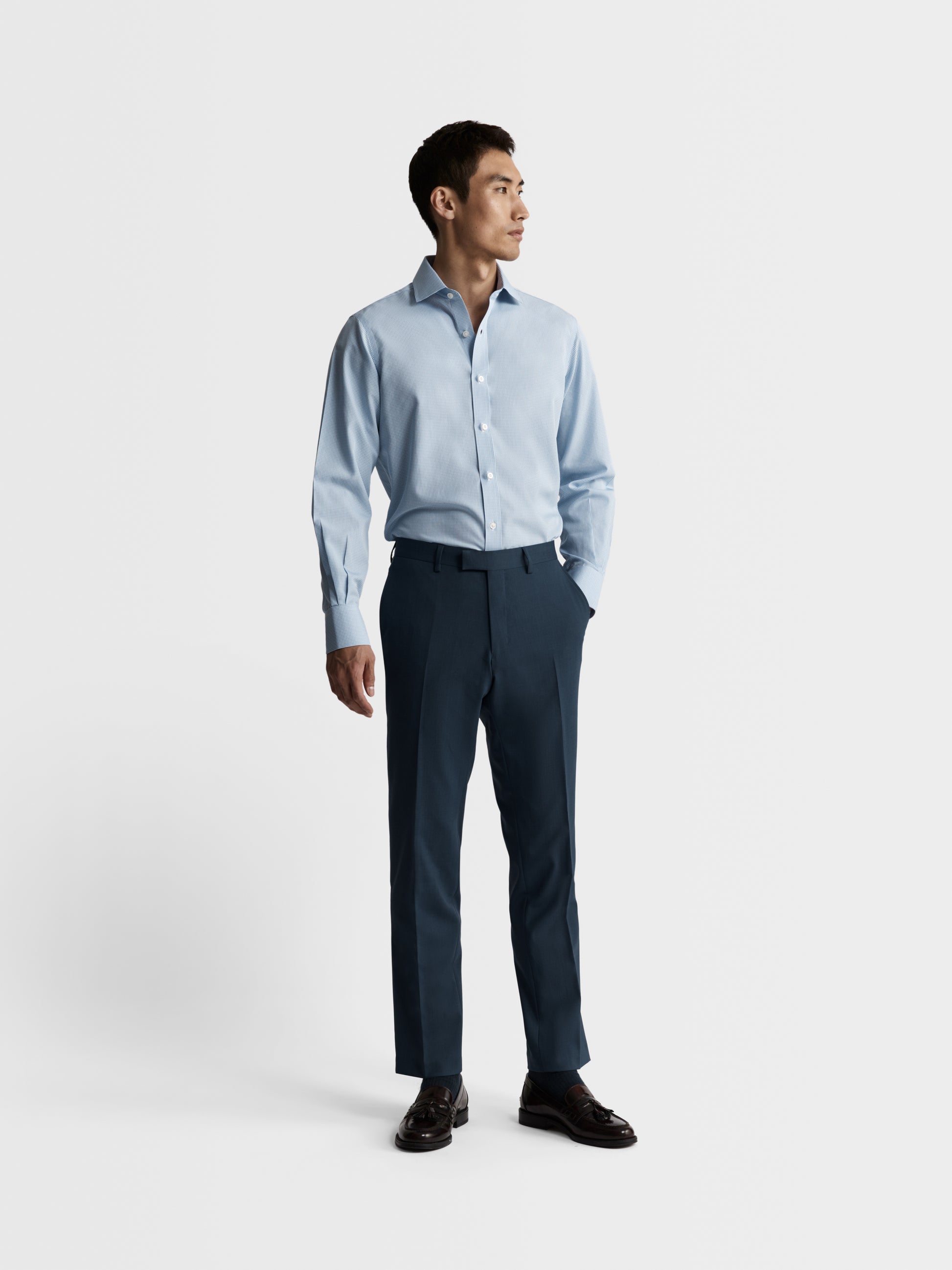 Image 4 of Non-Iron Light Blue Mini Gingham Poplin Slim Fit Single Cuff Classic Collar Shirt