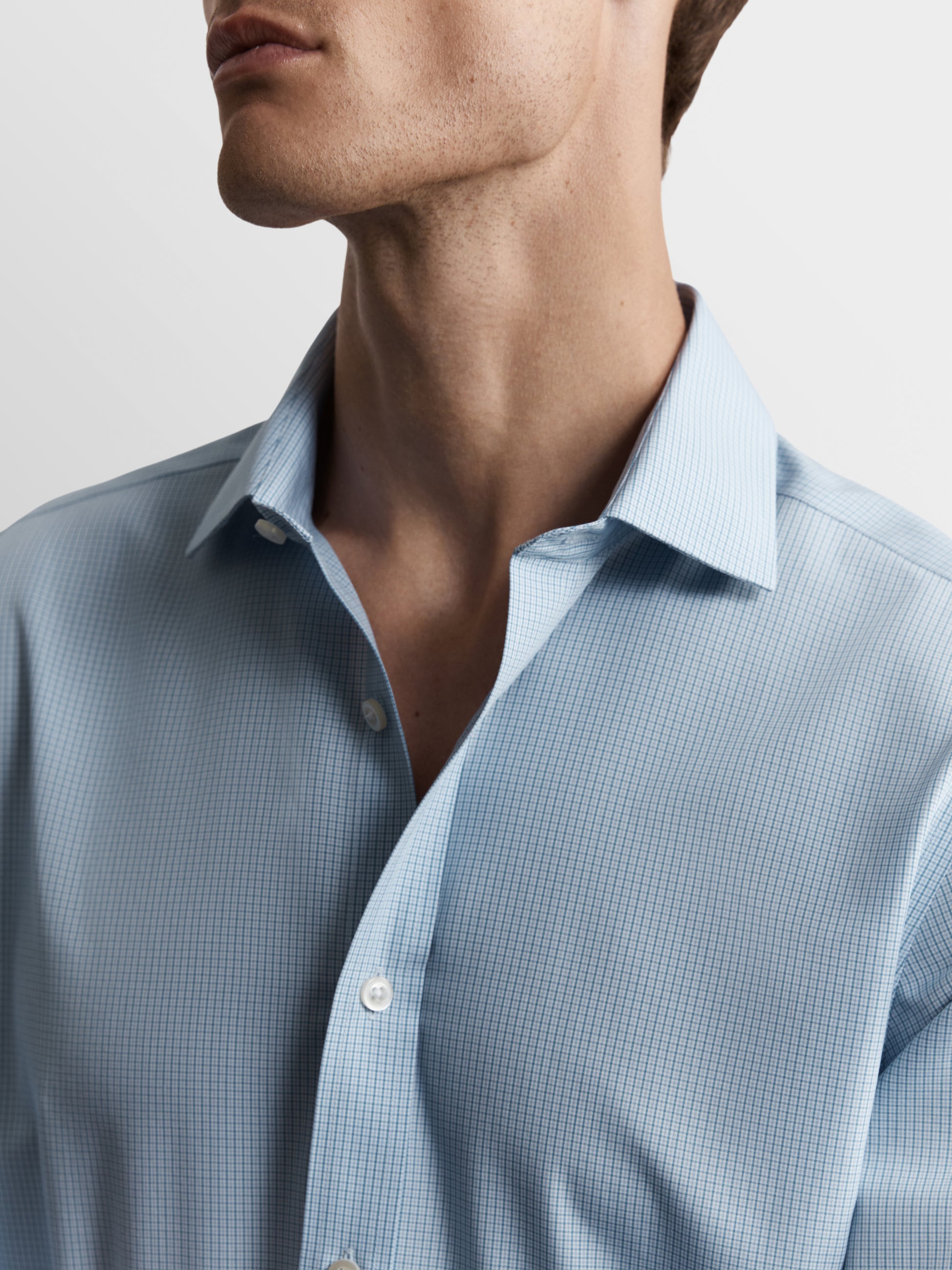 Image 2 of Non-Iron Blue Multi Micro Check Poplin Regular Fit Single Cuff Classic Collar Shirt
