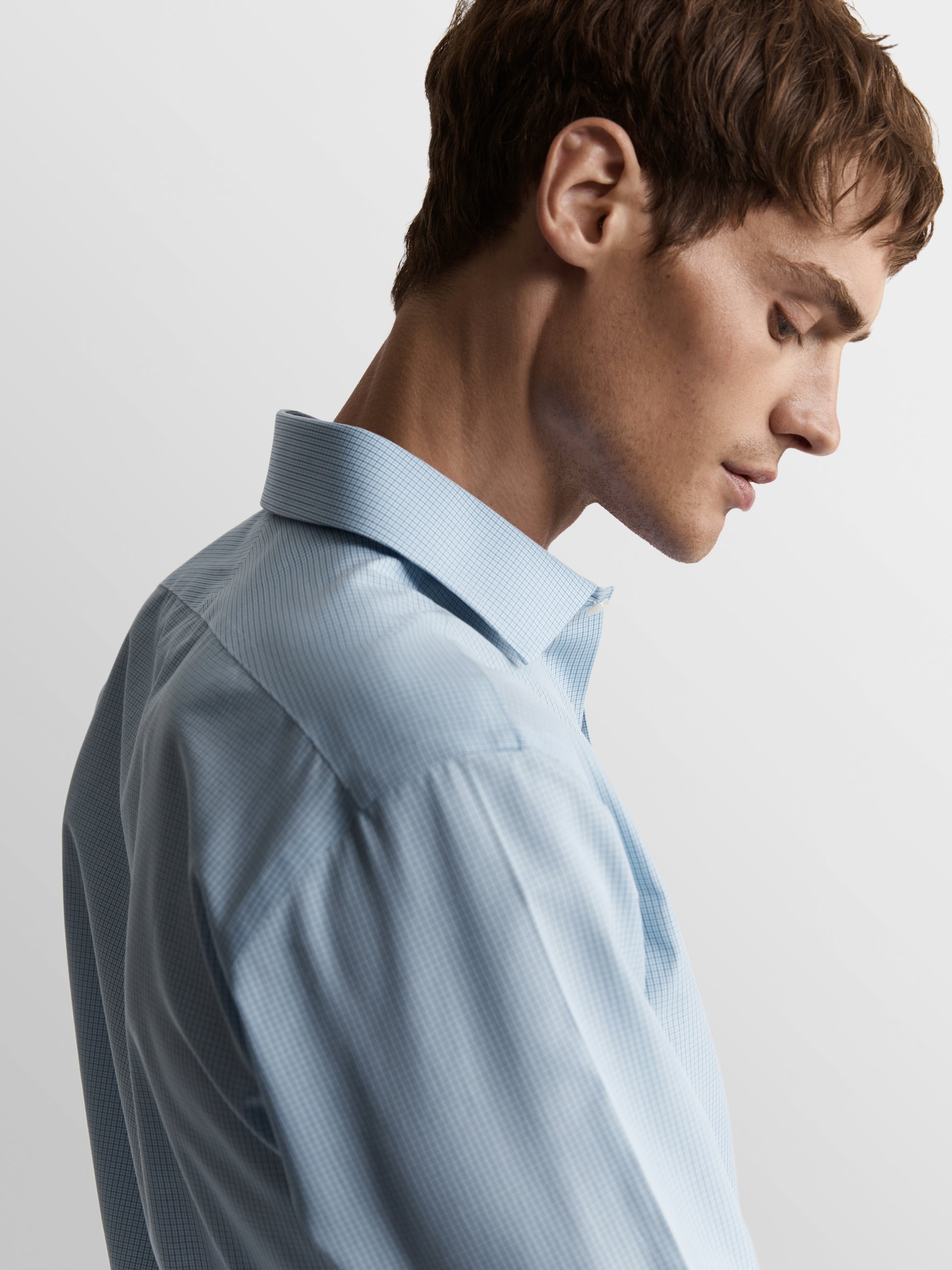 Image 1 of Non-Iron Blue Multi Micro Check Poplin Slim Fit Single Cuff Classic Collar Shirt