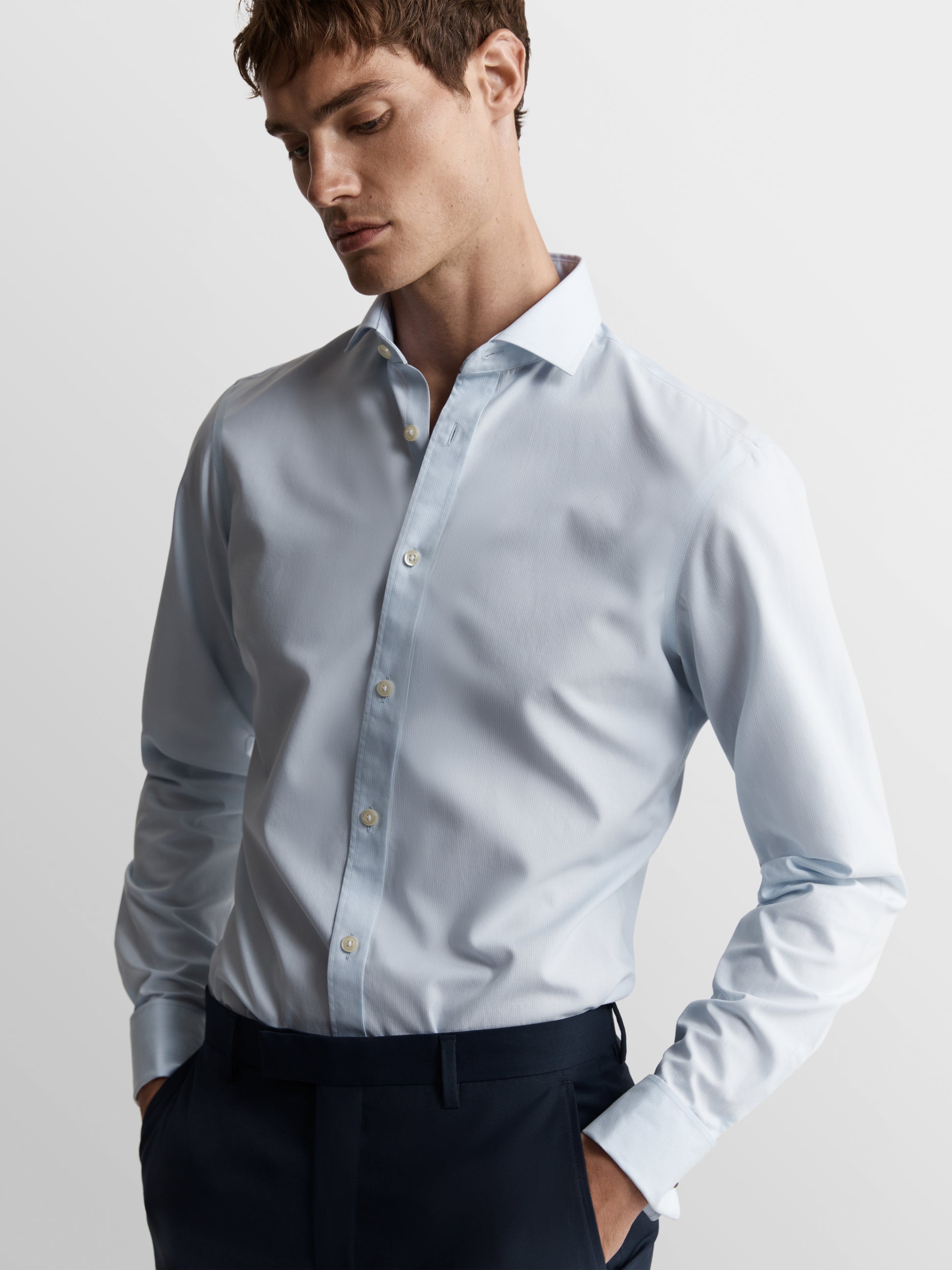 Image 1 of Non-Iron Blue Micro Pinstripe Plain Weave Regular Fit Dual Cuff Semi Cutaway Collar Shirt