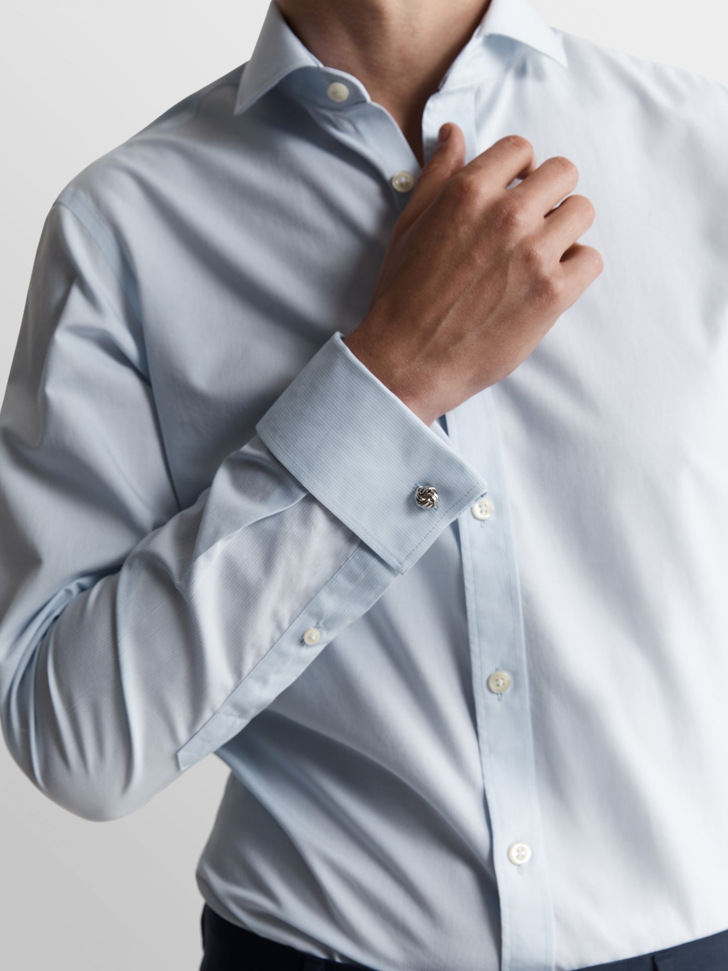 Image 3 of Non-Iron Blue Micro Pinstripe Plain Weave Fitted Dual Cuff Semi Cutaway Shirt