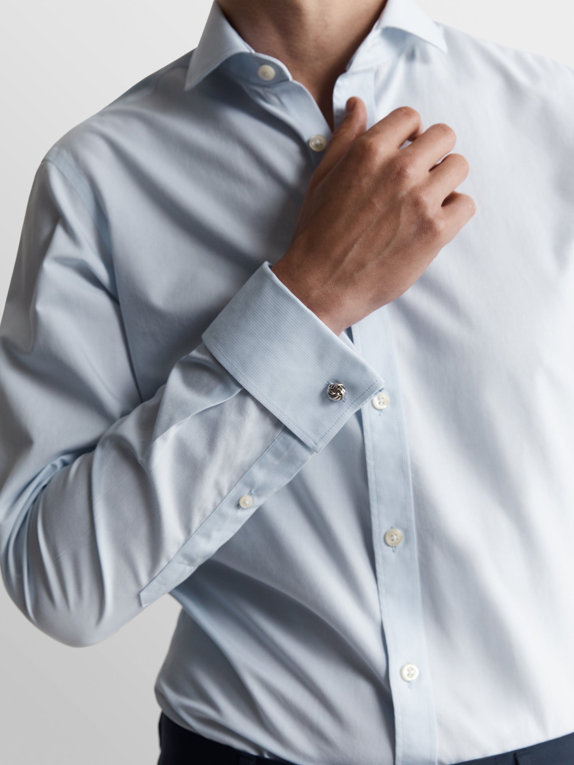 Image 3 of Non-Iron Blue Micro Pinstripe Plain Weave Regular Fit Dual Cuff Semi Cutaway Collar Shirt