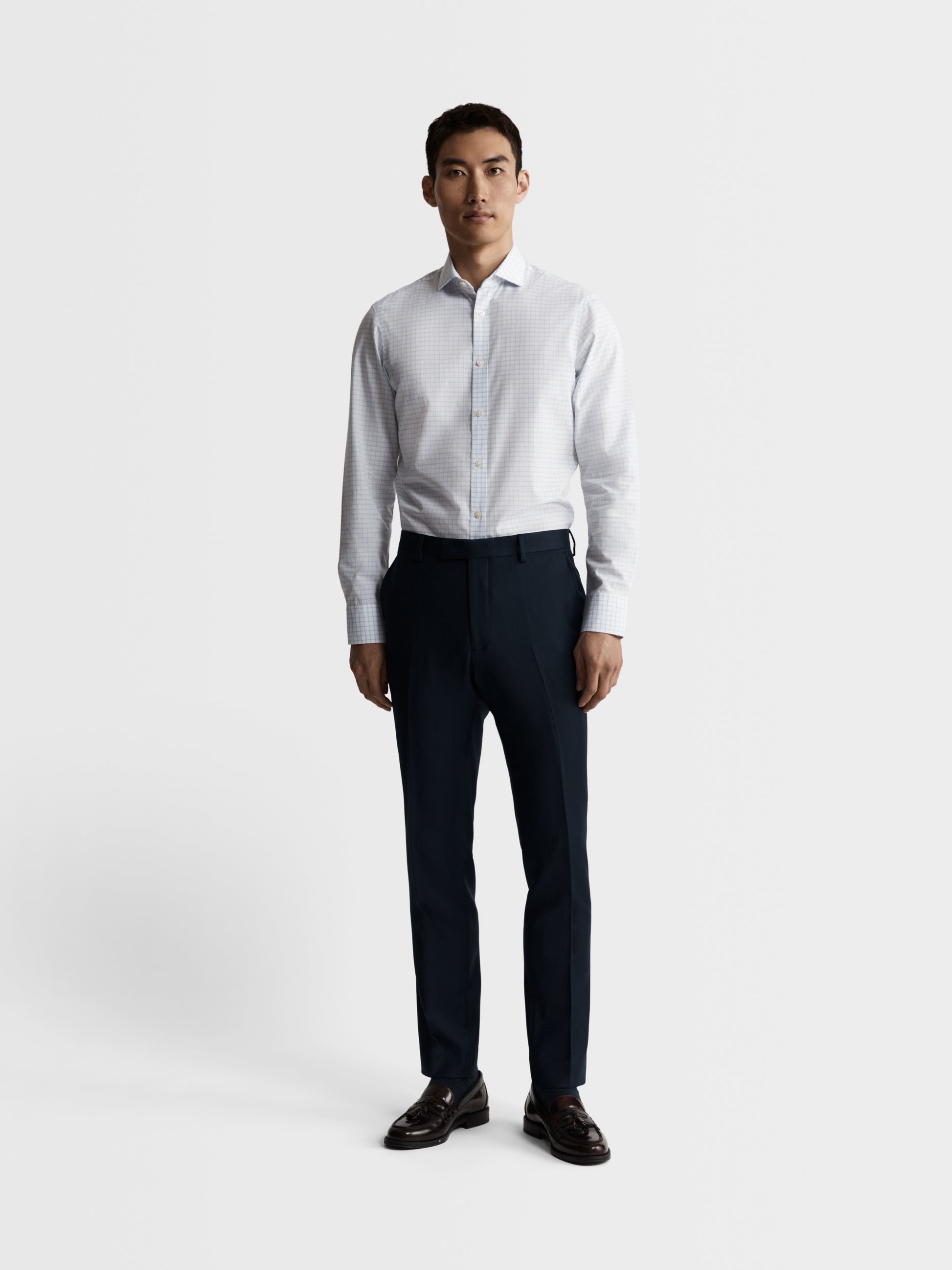 Image 3 of Non-Iron Blue Dash Check Plain Weave Fitted Single Cuff Semi Cutaway Collar Shirt