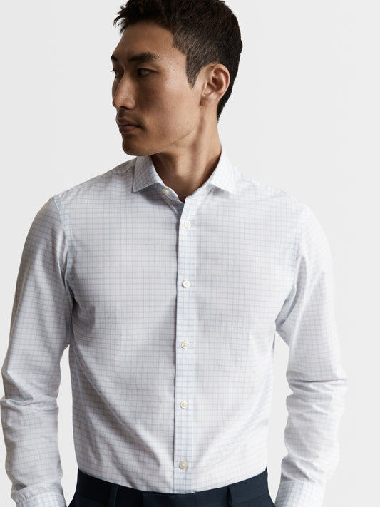 Image 1 of Non-Iron Blue Dash Check Plain Weave Fitted Single Cuff Semi Cutaway Collar Shirt