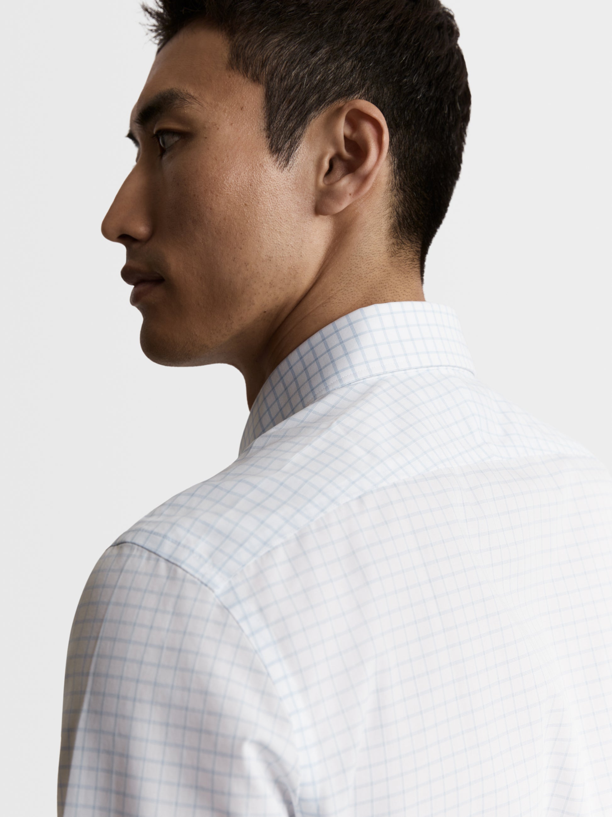 Image 2 of Non-Iron Blue Dash Check Plain Weave Fitted Single Cuff Semi Cutaway Collar Shirt