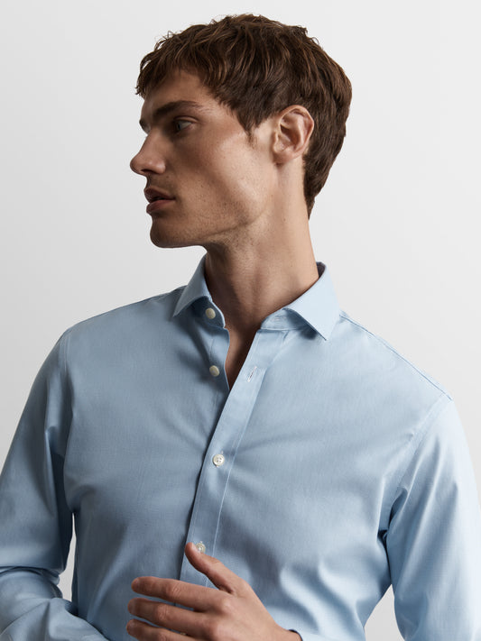 Image 1 of Non-Iron Blue Micro Dogtooth Plain Weave Fitted Single Cuff Semi Cutaway Collar Shirt
