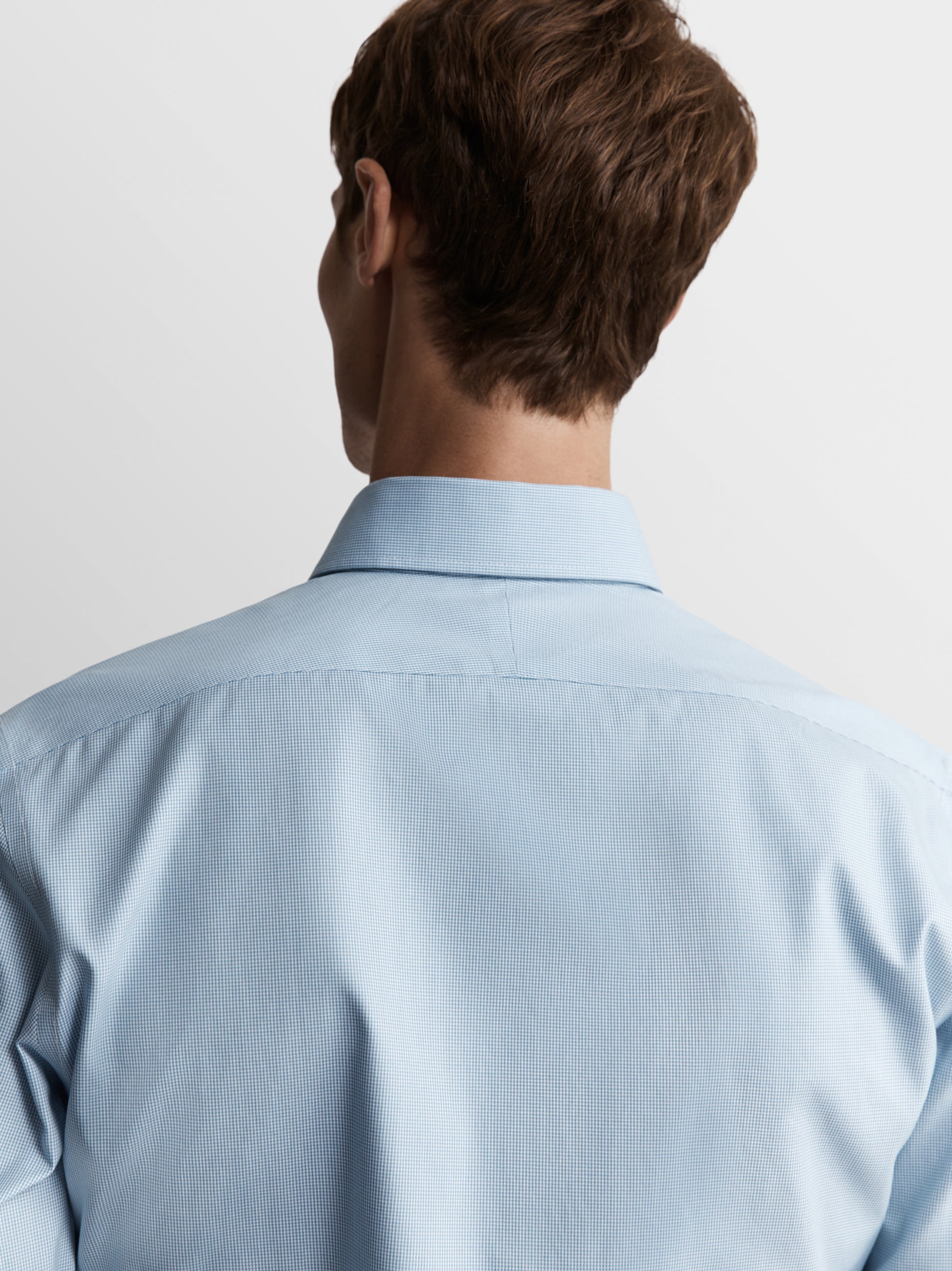 Image 3 of Non-Iron Blue Micro Dogtooth Plain Weave Fitted Single Cuff Semi Cutaway Collar Shirt