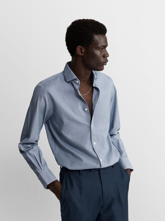Non-Iron Navy Blue Micro Dogtooth Plain Weave Slim Fit Single Cuff Classic Collar Shirt