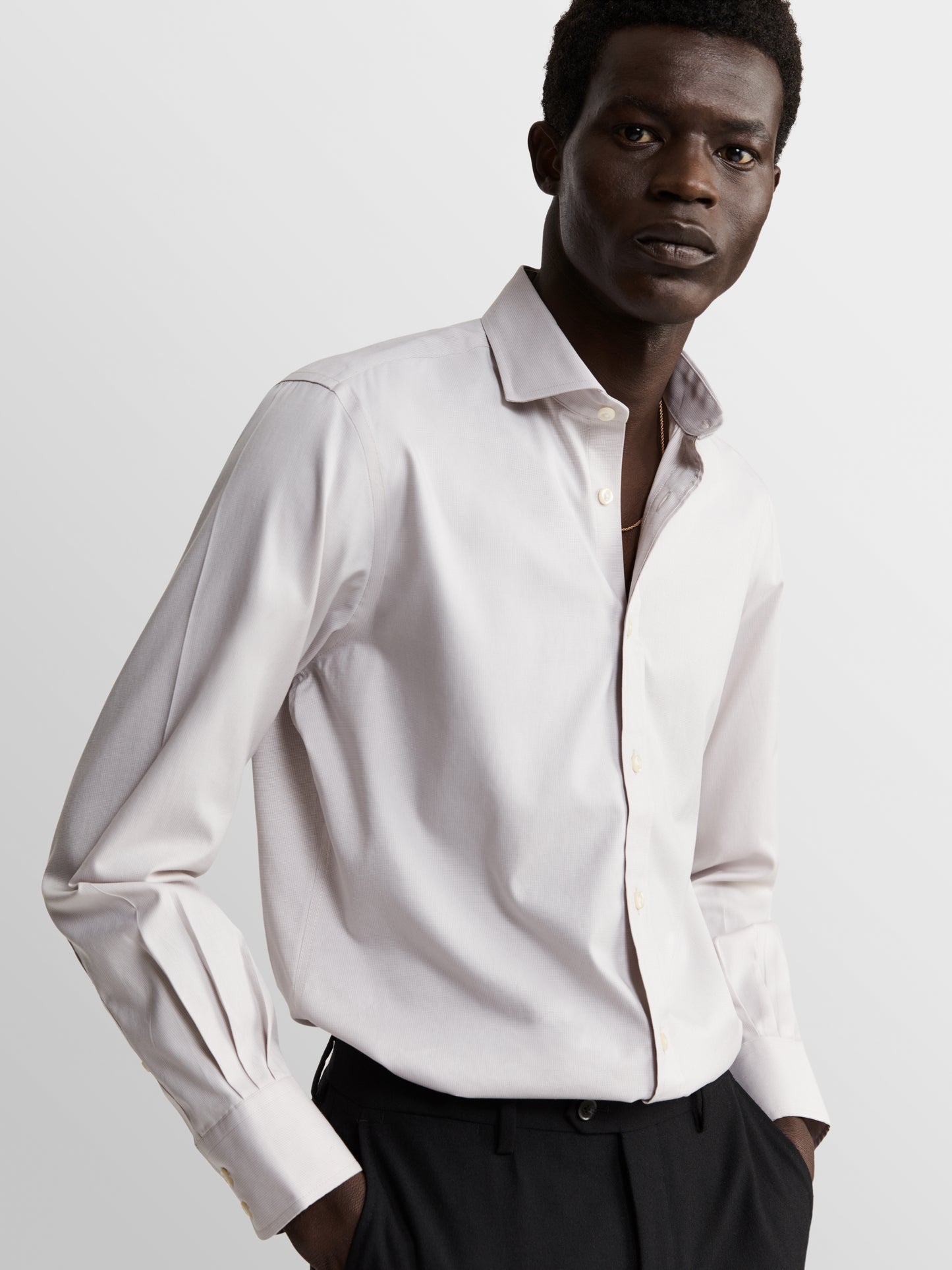 Image 1 of Non-Iron Grey Small Puppytooth Plain Weave Slim Fit Single Cuff Semi Cutaway Collar Shirt