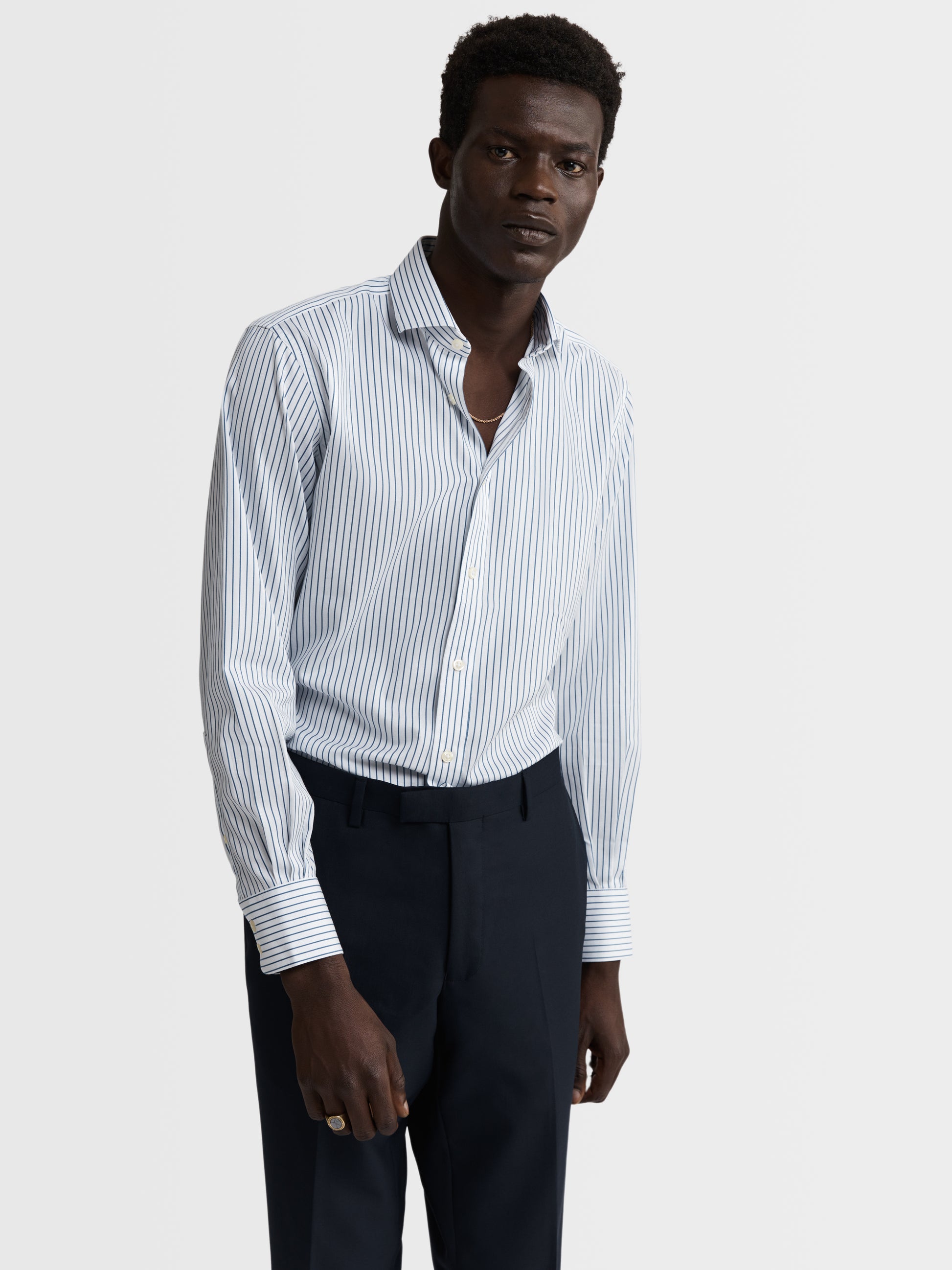Image 4 of Non-Iron Navy Blue Bold Stripe Twill Slim Fit Single Cuff Semi Cutaway Collar Shirt