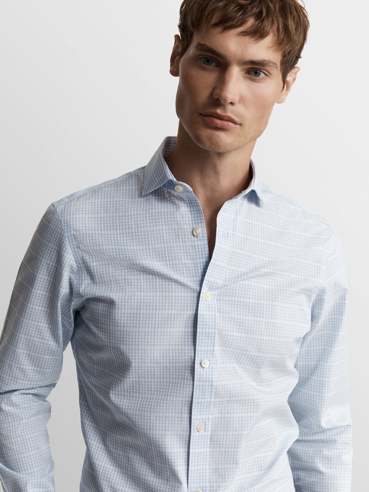 Image 1 of Non-Iron Blue Grid Gingham Plain Weave Fitted Single Cuff Semi Cutaway Collar Shirt