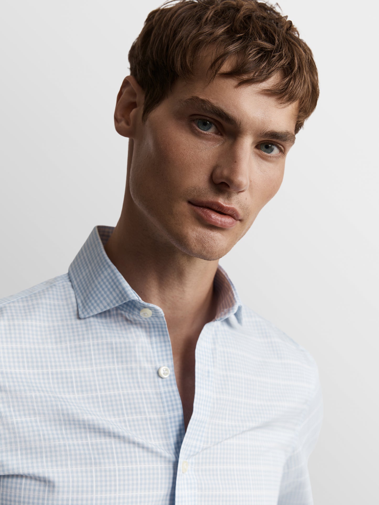 Image 2 of Non-Iron Blue Grid Gingham Plain Weave Fitted Single Cuff Semi Cutaway Collar Shirt