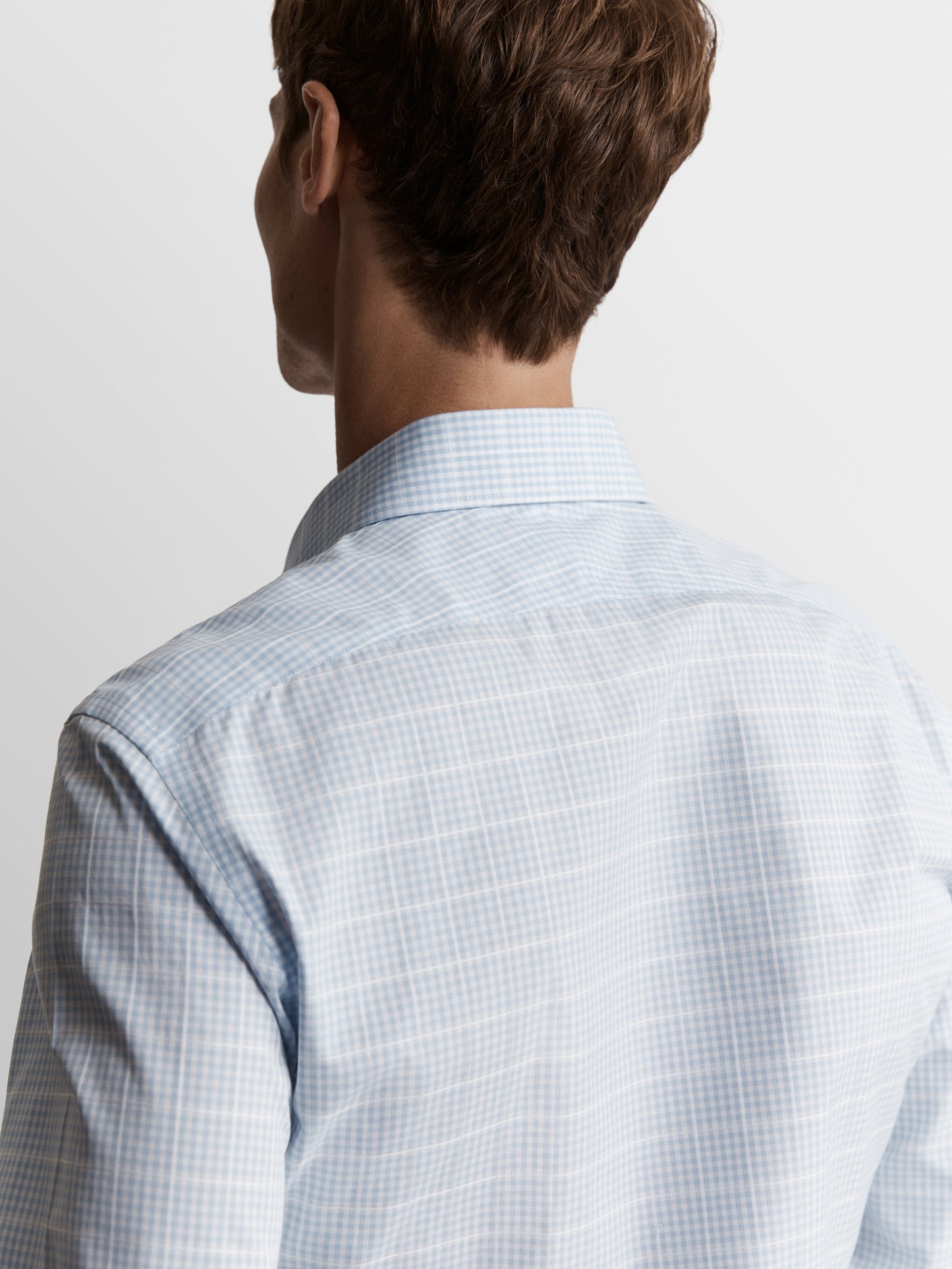 Image 3 of Non-Iron Blue Grid Gingham Plain Weave Fitted Single Cuff Semi Cutaway Collar Shirt